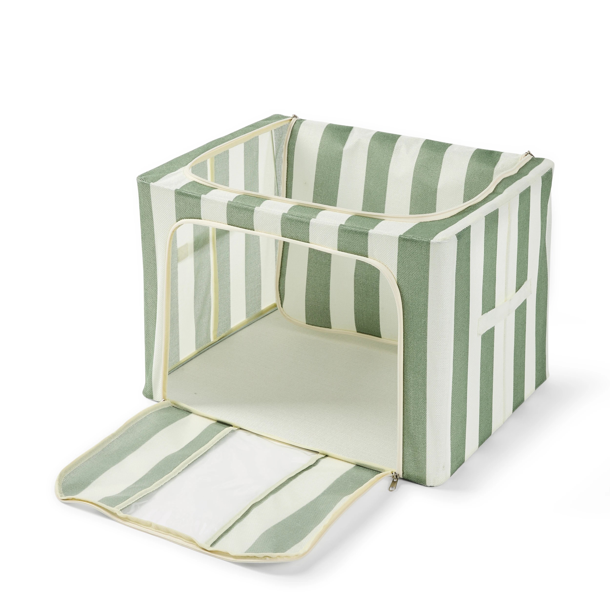 5 Linen Look Collapsible Box with Window - Large, Green Stripe, 5 of 9