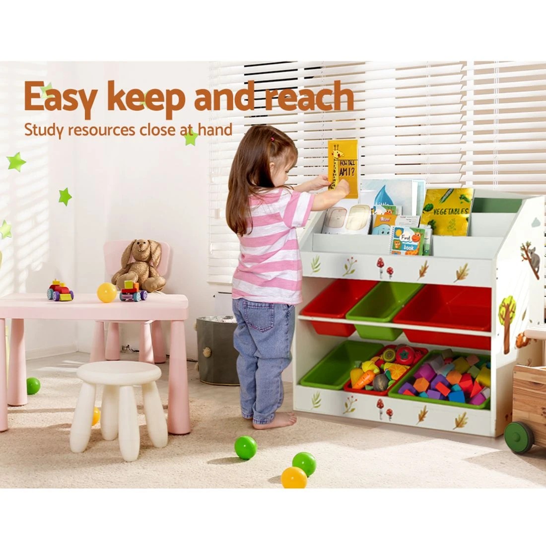 6 Keezi 3 Tiers Kids Bookshelf Storage Children Bookcase Toy Box Organiser Rack 6 Bins - Multi, 6 of 8