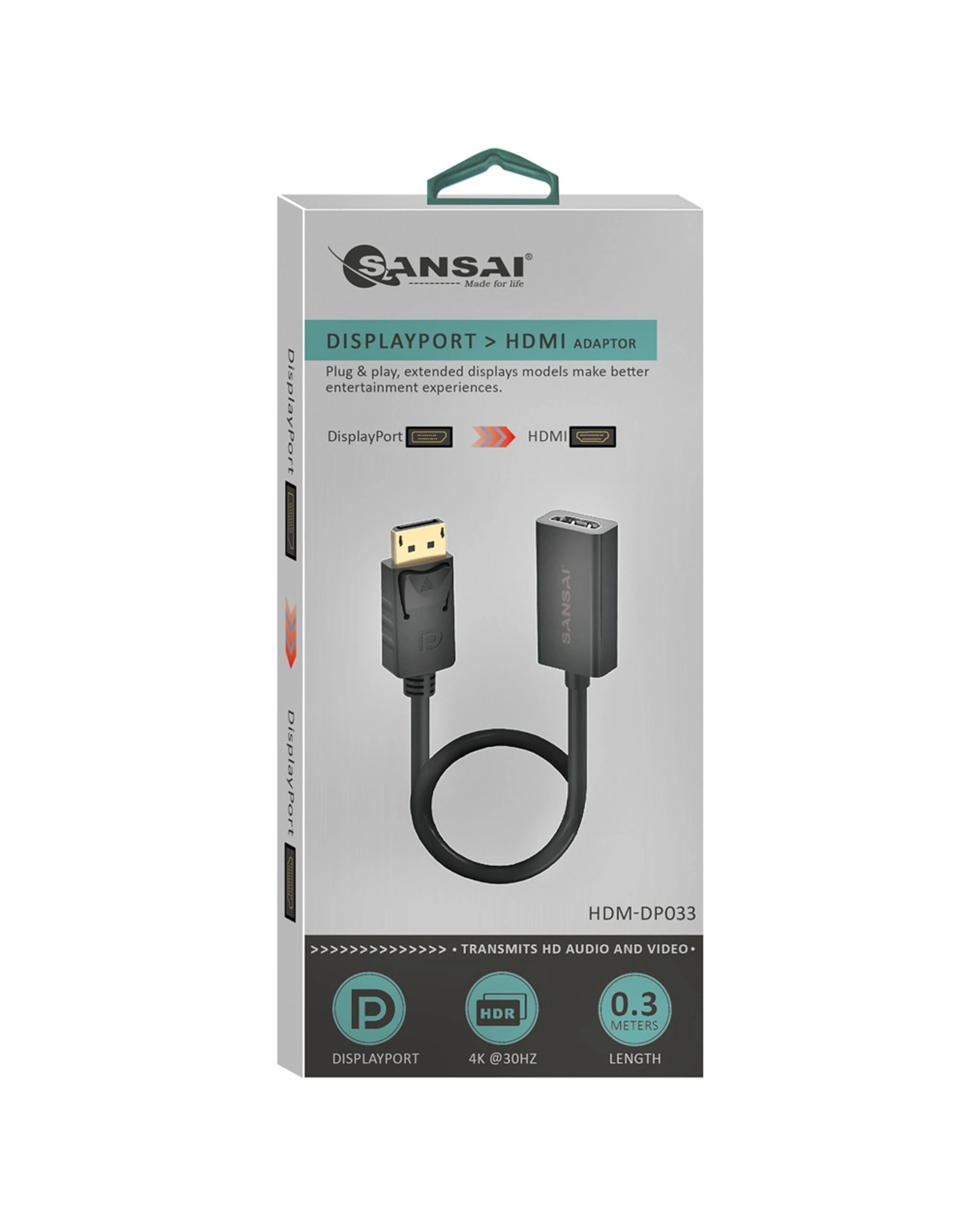 1 Sansai Displayport To HDMI Male To Female Monitor TV Display Cable Adaptor 30cm - Plain, 1 of 2