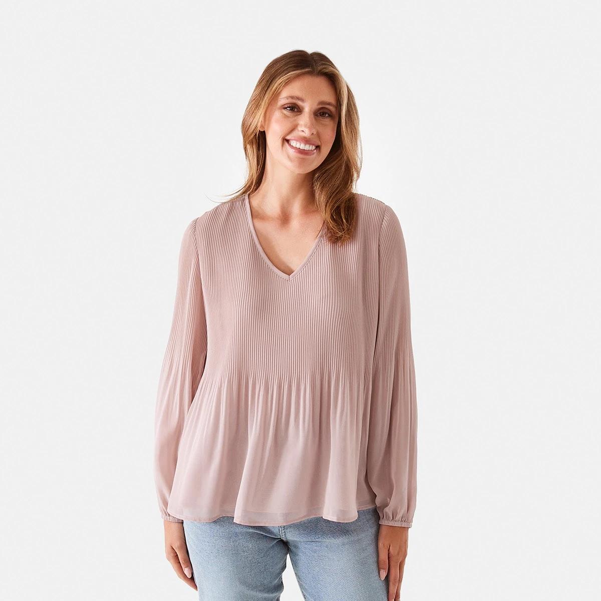 1 Long Sleeve Pleat Top Mdst Pink, 1 of 6