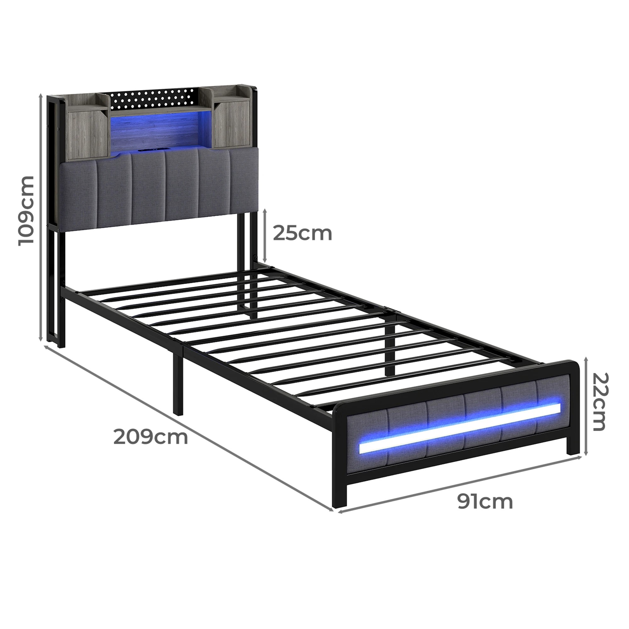3 Levede Single Bed Frame with LED USB and Storage Bedhead, 3 of 9