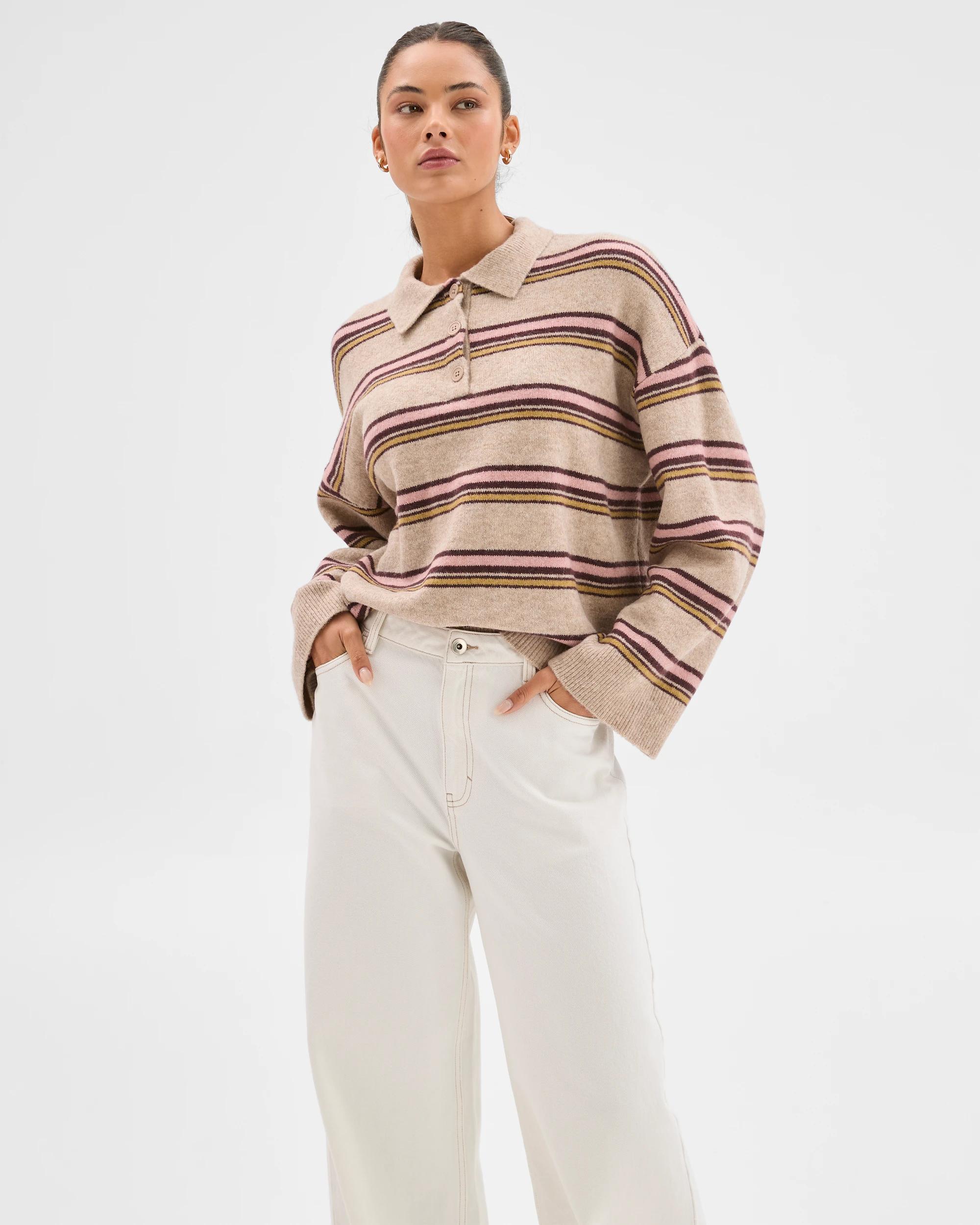 2 Lily Loves Long Sleeve Striped Polo Top FUDGE STRIPE, 2 of 6