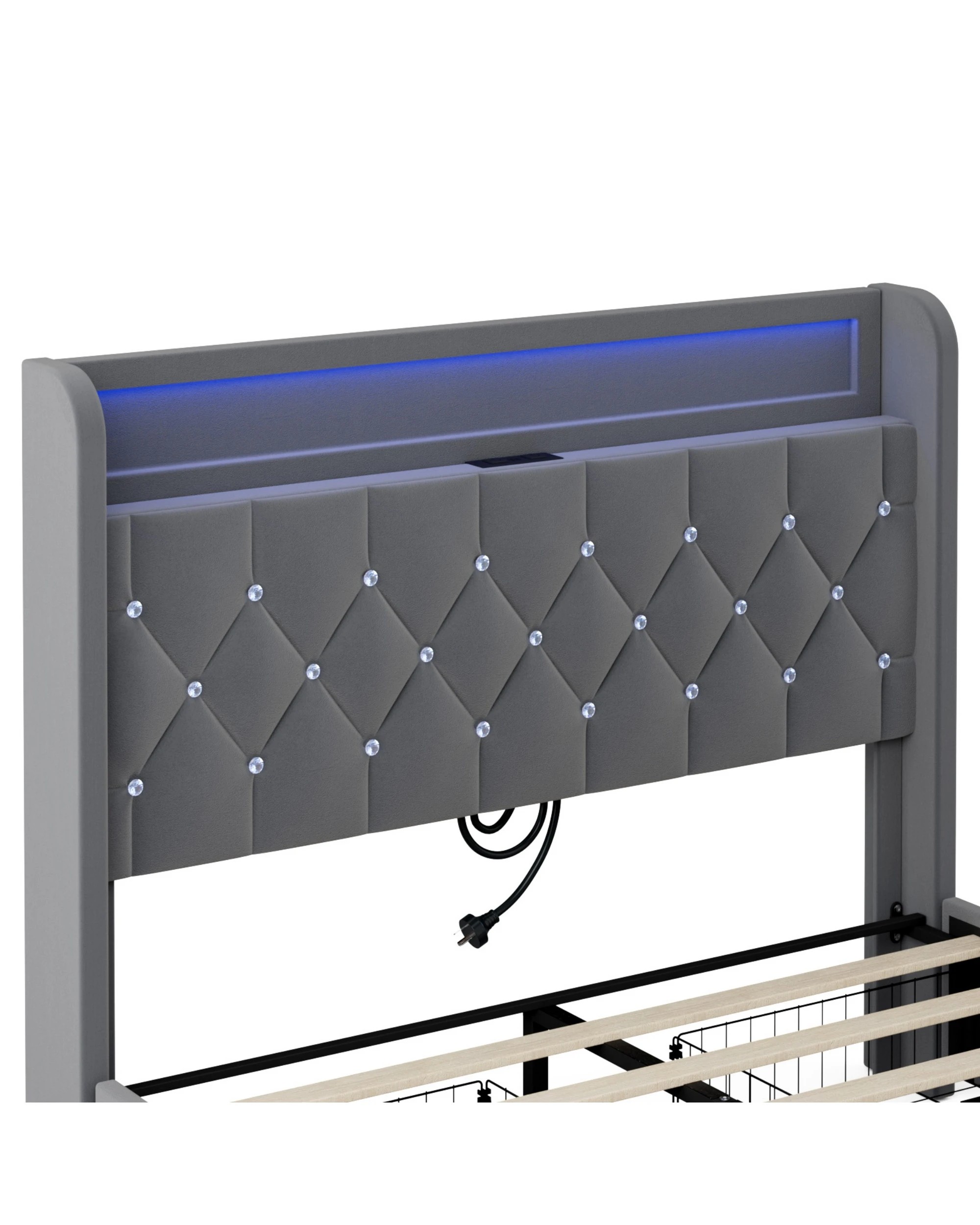 4 Advwin Double LED Bed Frame with Velvet Upholstered Headboard & Charging Station - Grey, 4 of 7