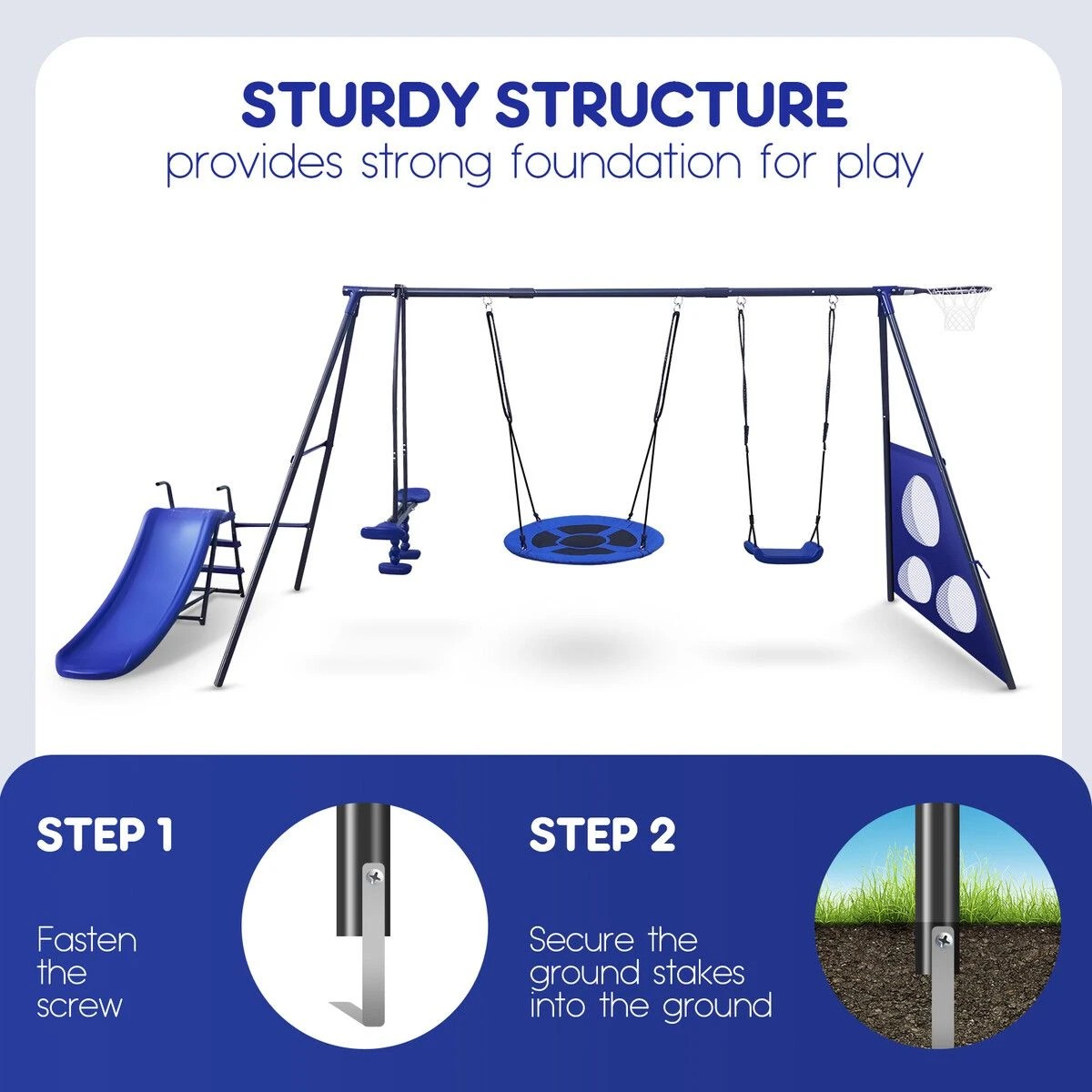 2 AUSWAY Swing Set With Slide Seesaw Basketball Hoop, 2 of 4