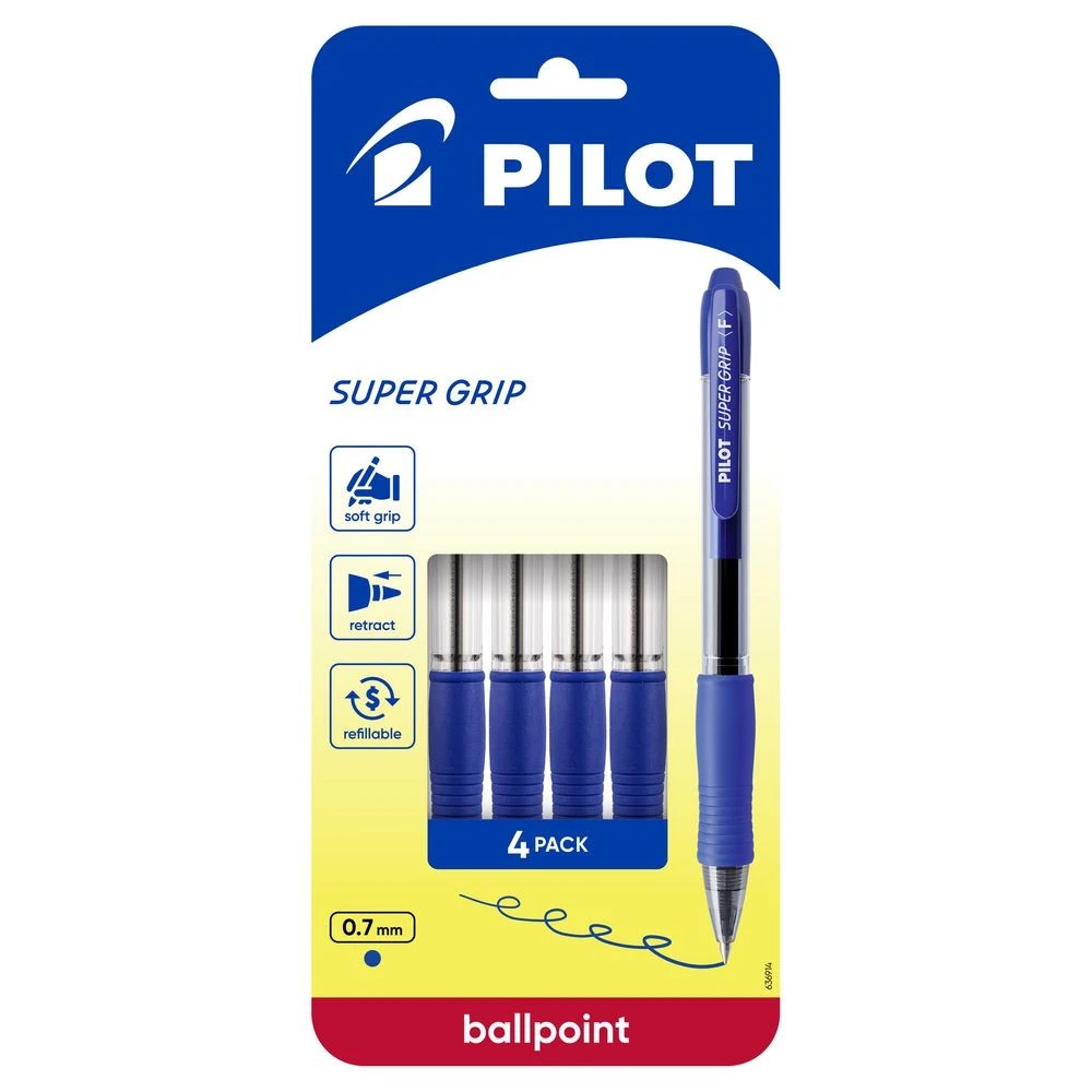 1 PILOT SuperGrip Retractable Ballpoint Fine 0.7mm Blue 4 Pack, 1 of 8