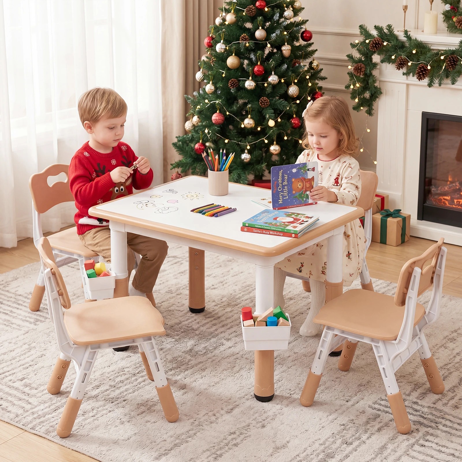 2 Costway Kids Table & 4 Chairs Set Height Adjustable Desk Activity Art Study - Natural, 2 of 4