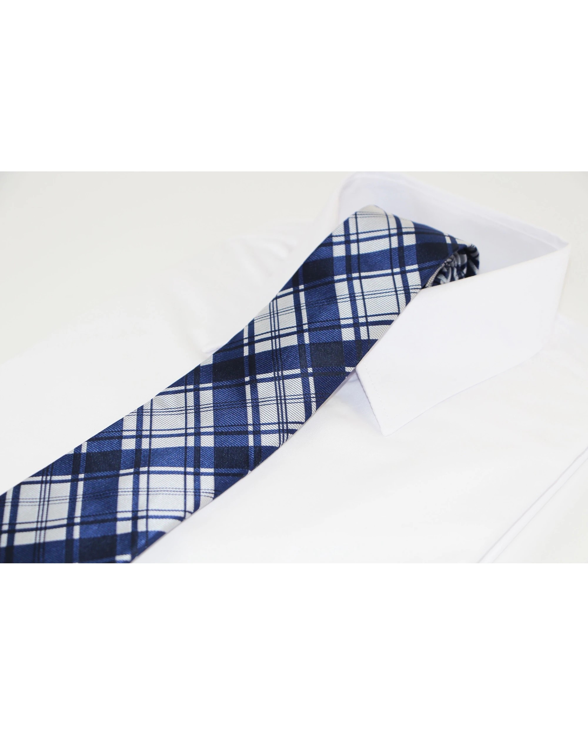 1 Zasel Mens Navy & Silver Check Striped Patterned 8cm Neck Tie, 1 of 2