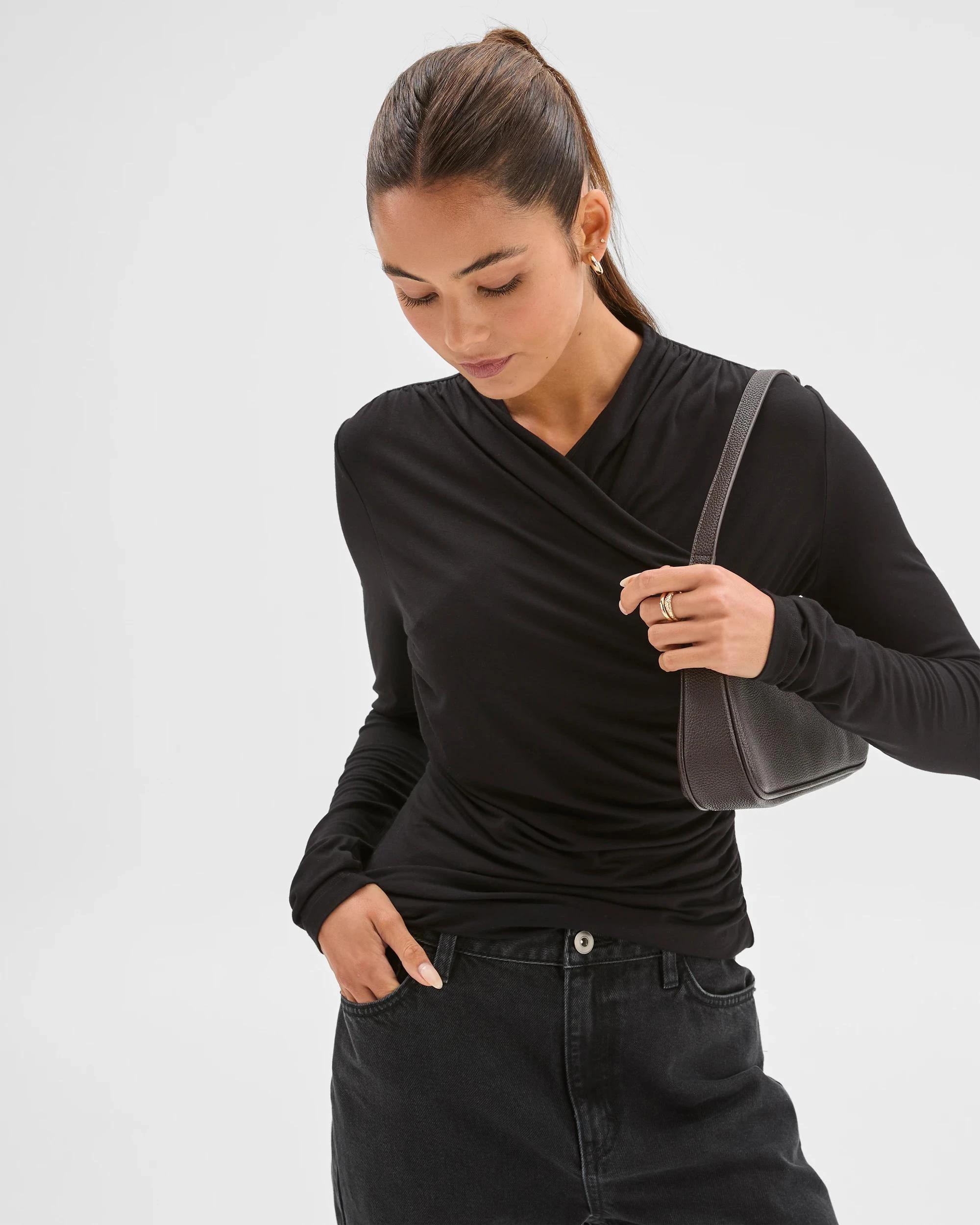 4 Lily Loves Long Sleeve Crossover Drape Top BLACK, 4 of 8
