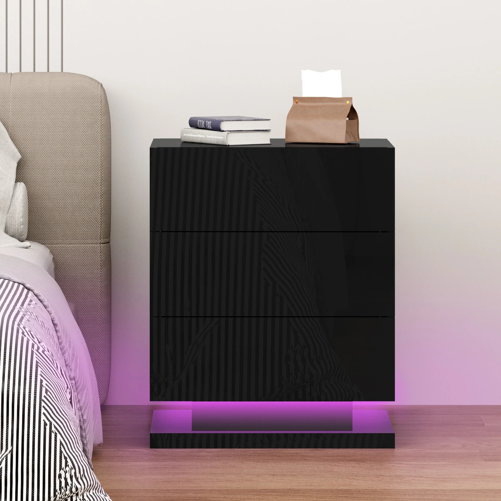 6 Alfordson Bedside Table RGB LED Nightstand 3 Drawers 4 Side High Gloss - Black, 6 of 10