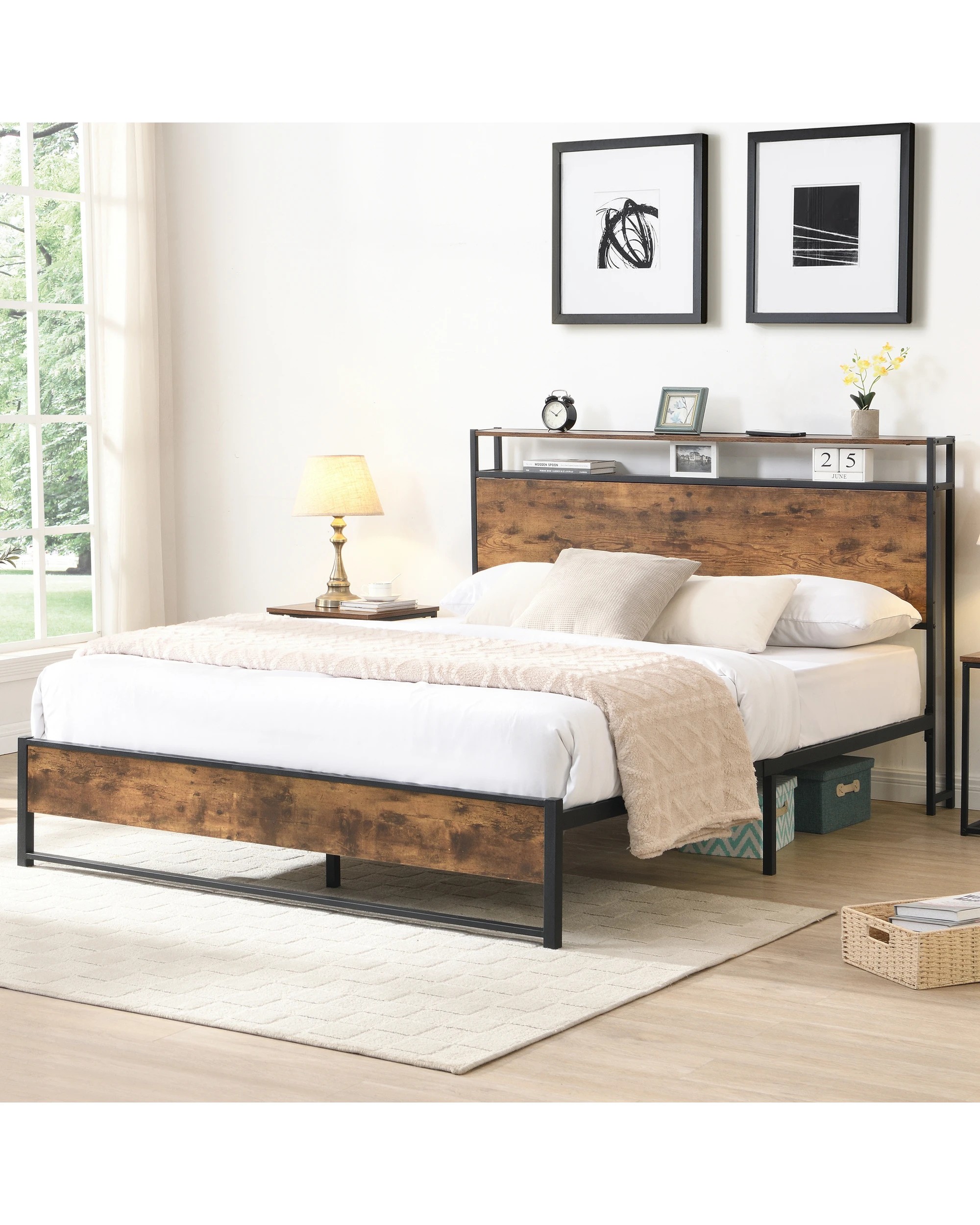 2 IHOMDEC BED01 Double  Metal & Wood Bed Frame Rustic Dark Brown - Brown, 2 of 10