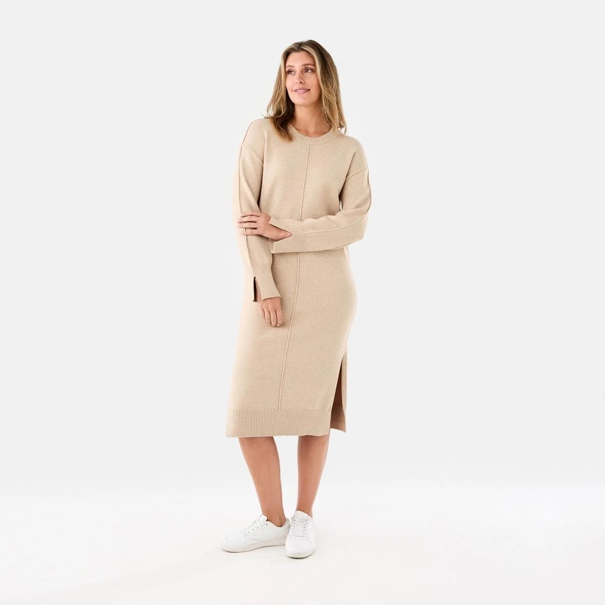 1 Long Sleeve Crew Neck Seam Detail True Knit Midi Dress Beige Marl, 1 of 6