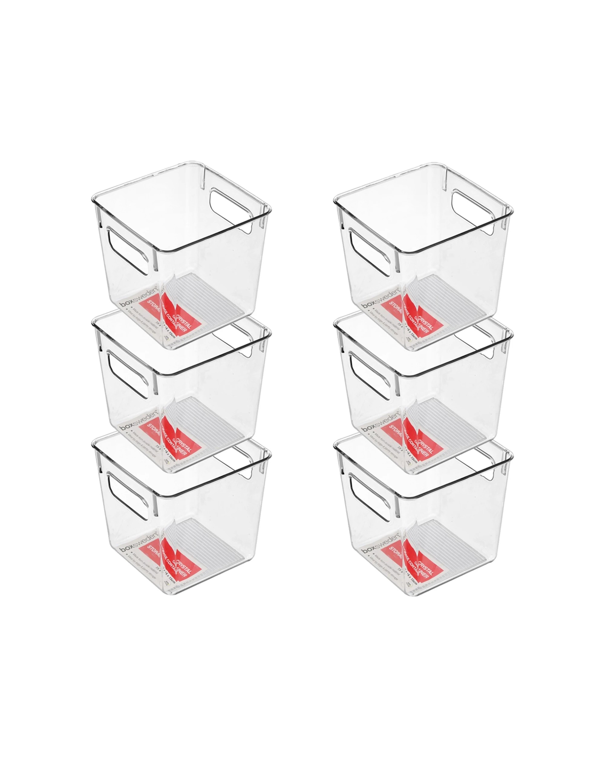 1 Boxsweden 6PK Crystal Square Storage Container Small Handles Durable 15x15x15cm - Plain, 1 of 3