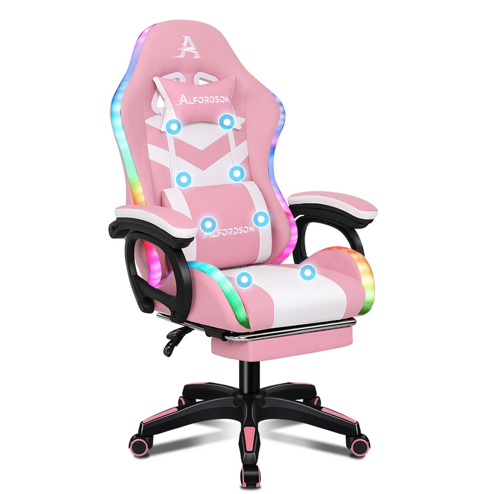 1 Alfordson Gaming Office Chair 12 RGB LED Massage Computer Seat Footrest - Pink, 1 of 10