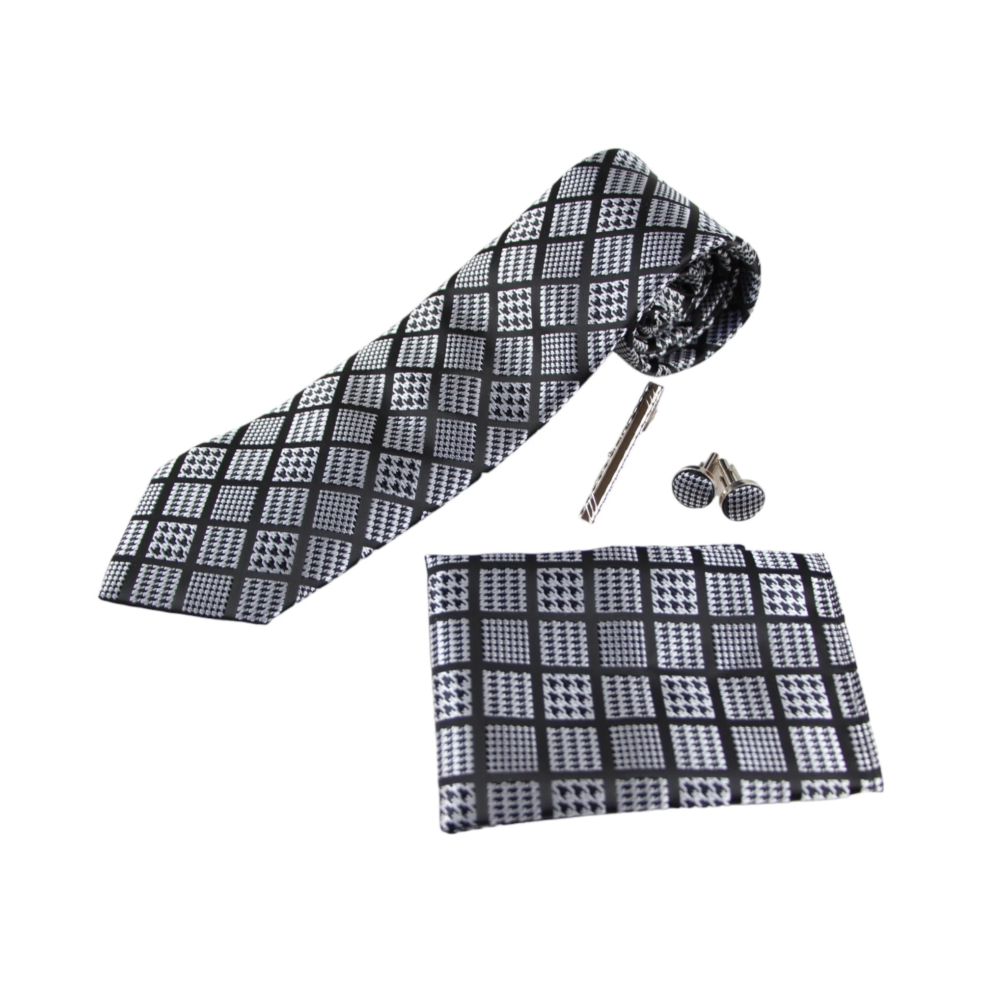 1 Zasel Mens Black & Silver Houndstooth Checkered Neck Tie, Pocket Square, Cuff Links And Tie Clip Set - Multi - Multi, 1 of 3