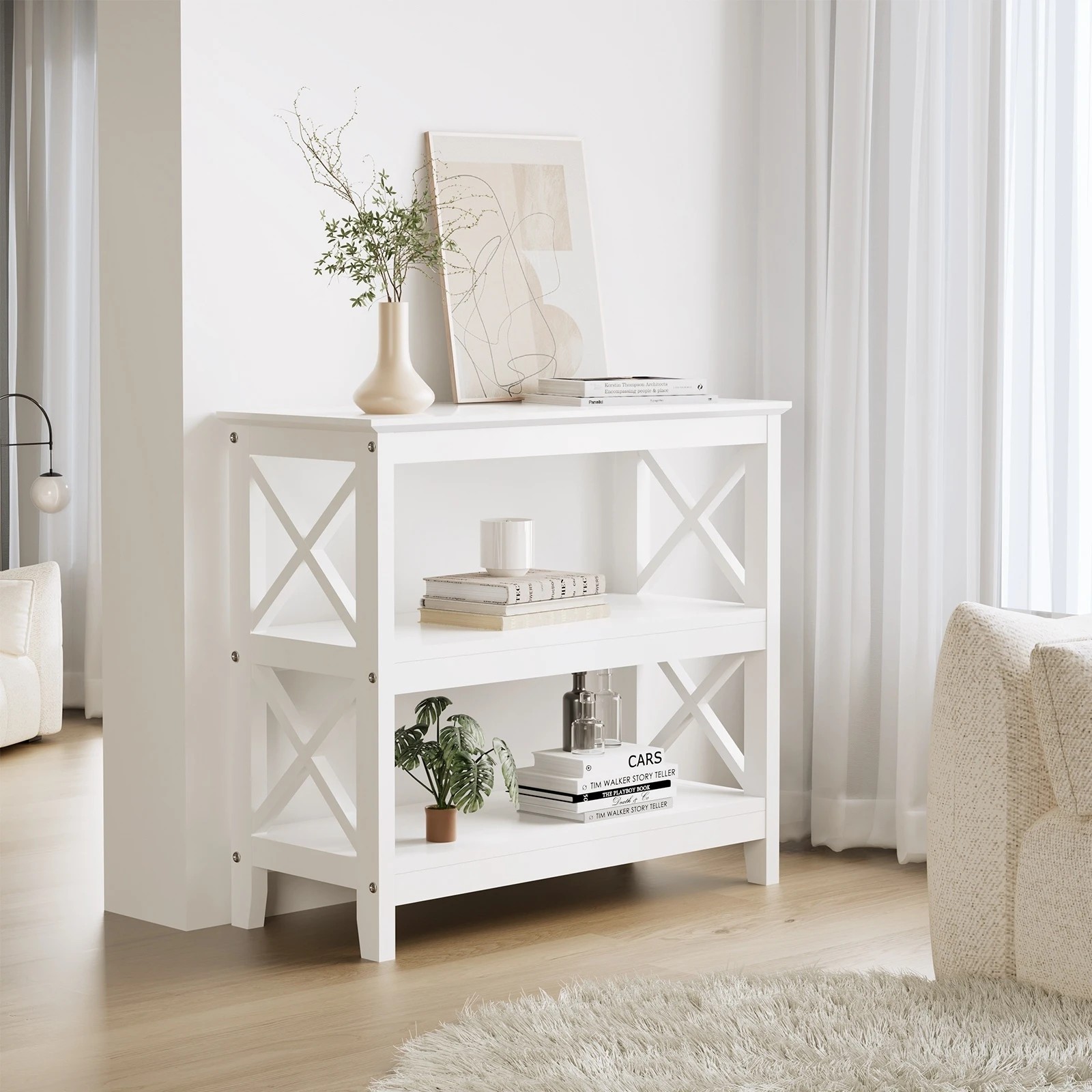 2 Oikiture 3-tier Console Table X-design Wood Sofa Table Hall Side Entry
 - White, 2 of 10