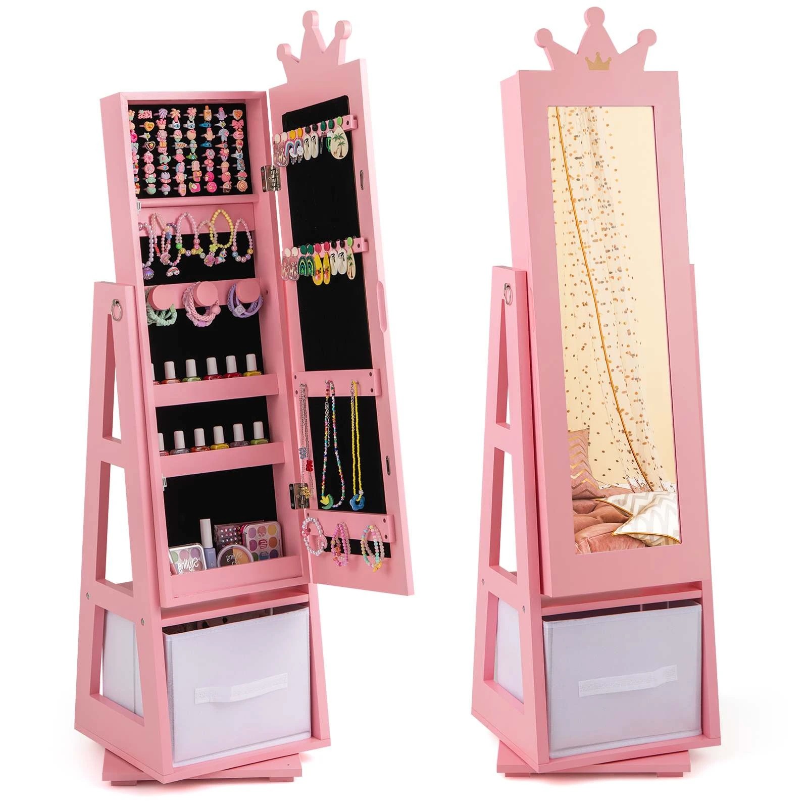 1 Costway 360° Swivel Jewelry Cabinet Armoire Dressing Mirror - Pink, 1 of 1