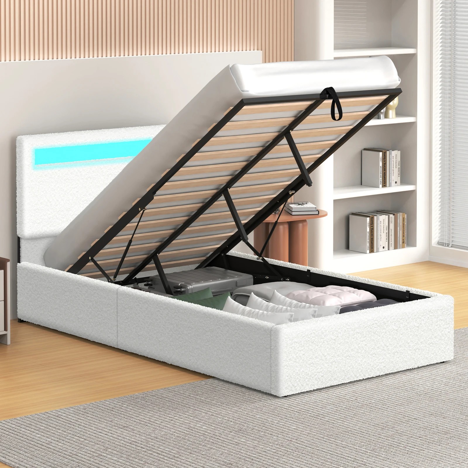 4 Alfordson Bed Frame King Single RGB LED Gas Lift Storage Base Boucle Luchino - White, 4 of 10