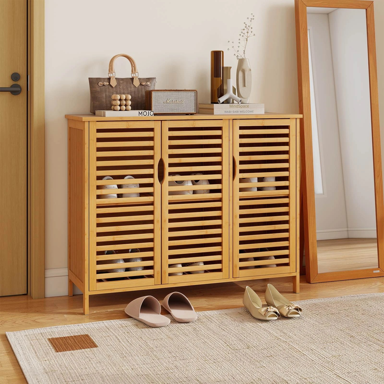 2 Costway Bamboo Bathroom Cabinet 3-Door Storage Organizer Freestanding Storage Unit, 2 of 4