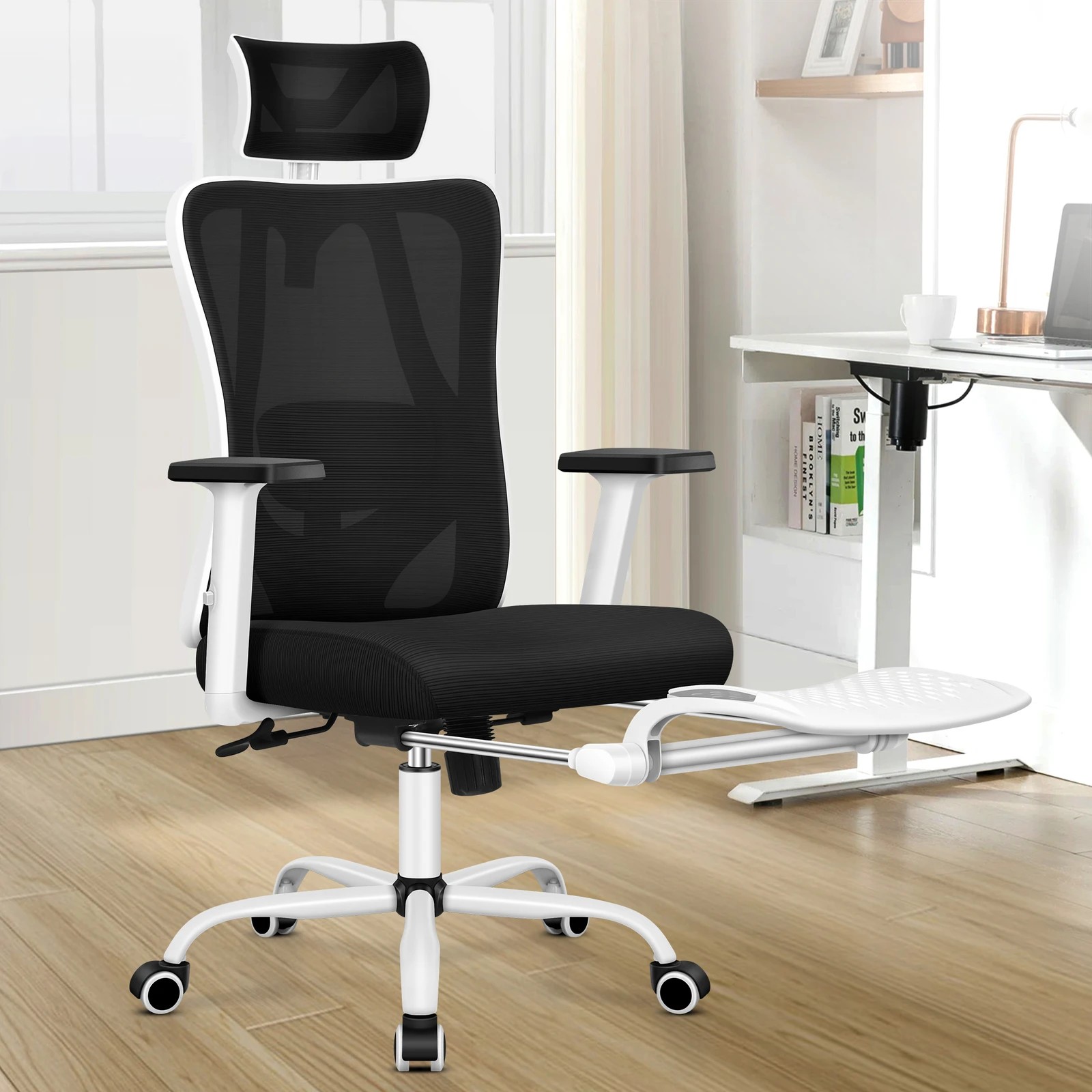 2 Alfordson Office Chair Mesh Ergonomic Executive Seat Work Computer Gaming - Black White, 2 of 10