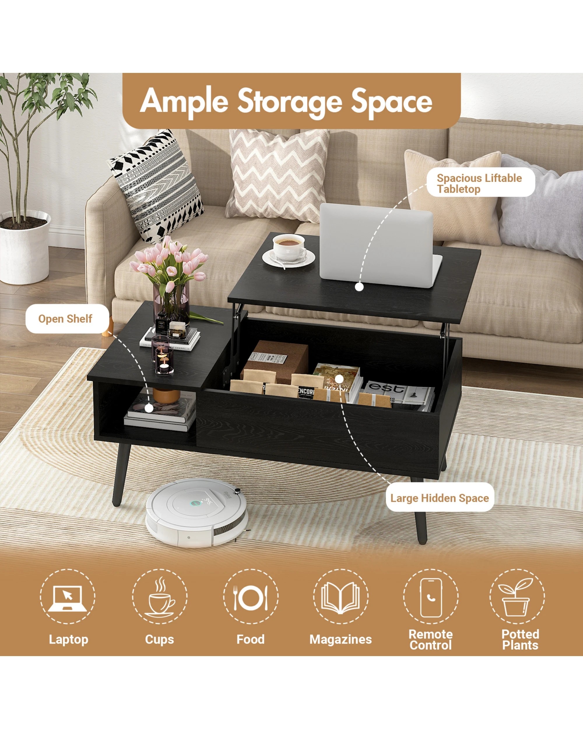 4 Advwin Lift Up Top Coffee Table Side Table w/ Hidden Storage & Shelf Black, 4 of 8