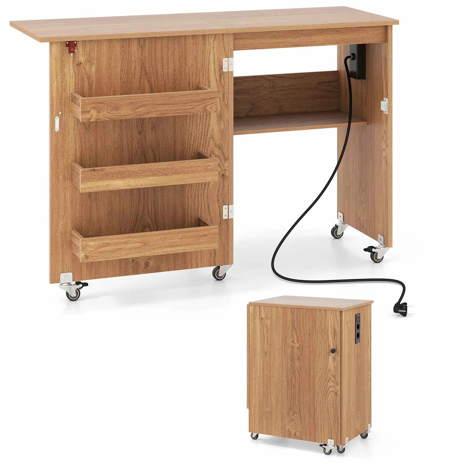 1 Costway Folding Sewing Table w/Power Outlet Mobile Craft Station Desk - Natural, 1 of 3