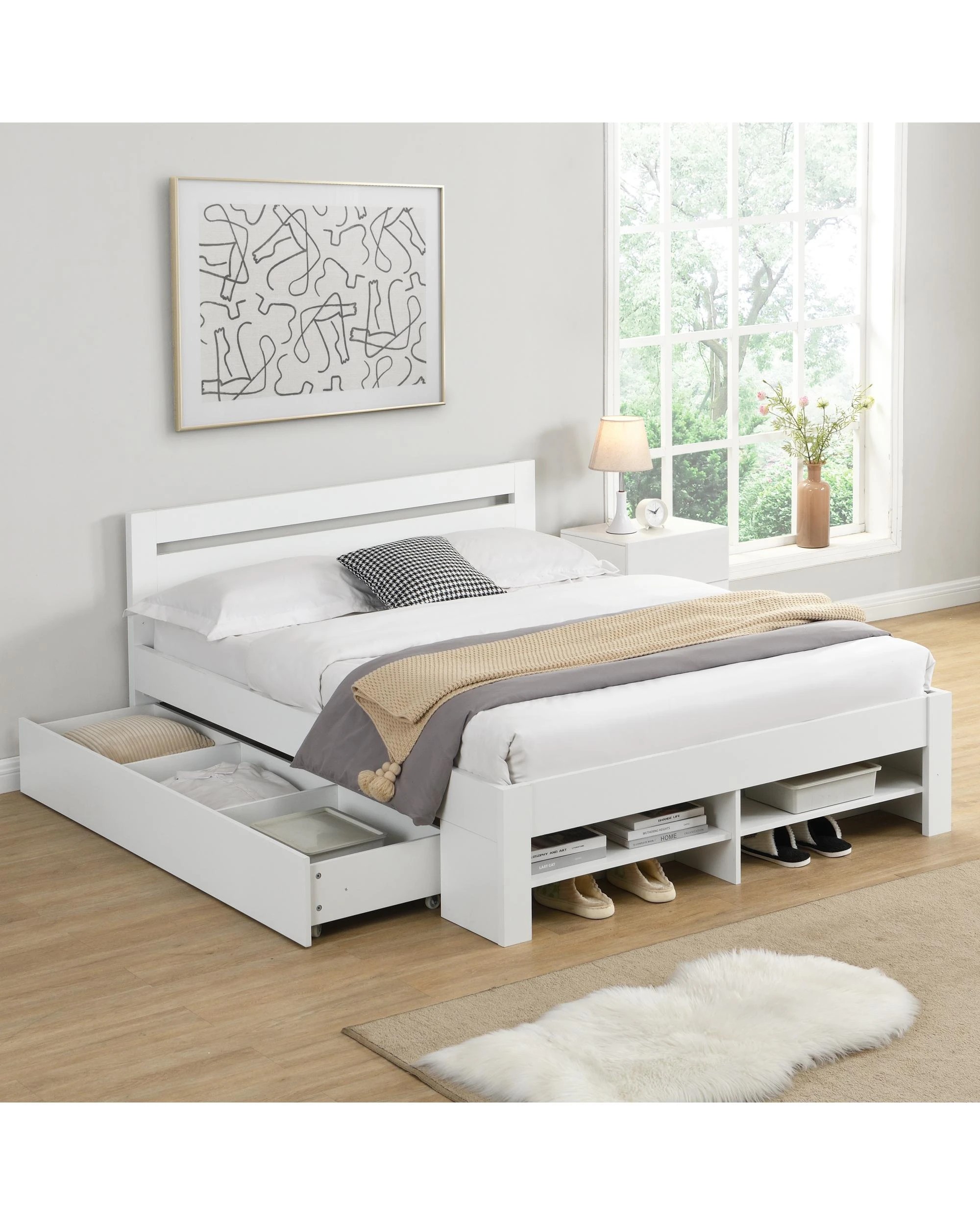 2 Kodu Bed Frame with Open Shelving and Pull Out Storage Double Size - White, 2 of 10
