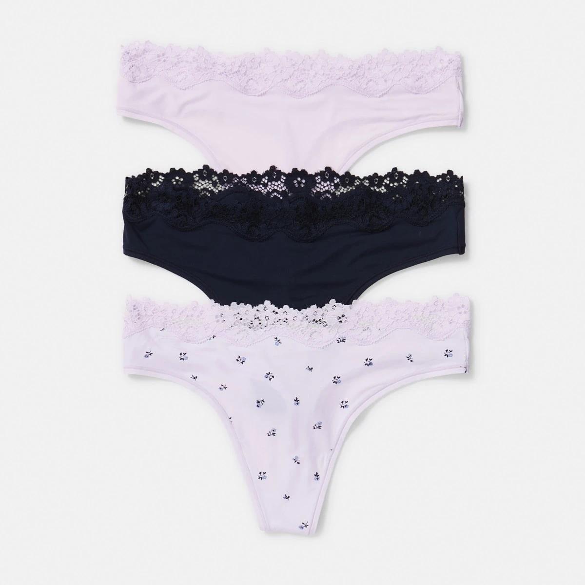 1 3 Pack Super Soft Lace G-String Briefs LAVENDER FLORAL, MIDNIGHT, LILY LAVENDER, 1 of 8