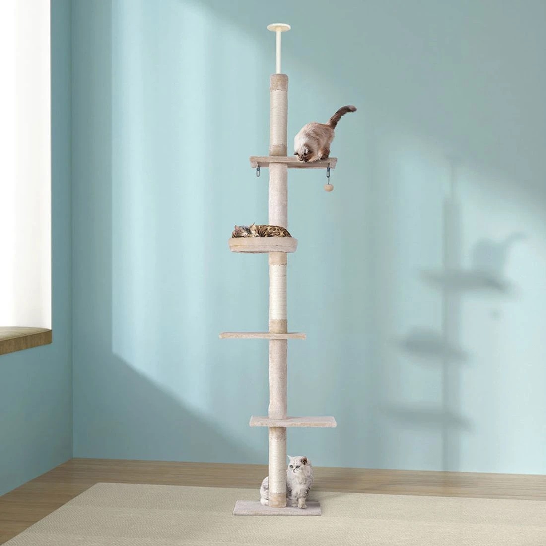 3 i.Pet Cat Tree 290cm Tower Scratching Cats Post Scratcher Floor to Ceiling Bed - Beige, 3 of 6