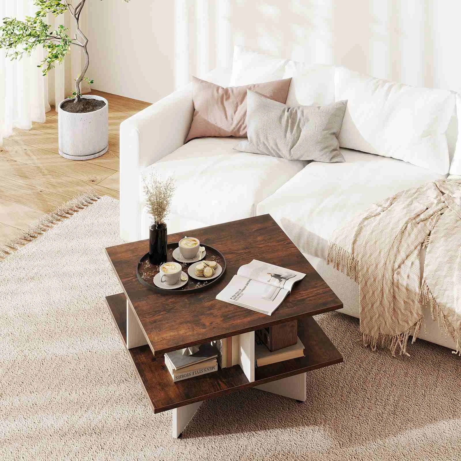 4 Costway 2-Tier Square Coffee Table Center Table Farmhouse Accent Table w/Storage Shelf, 4 of 5