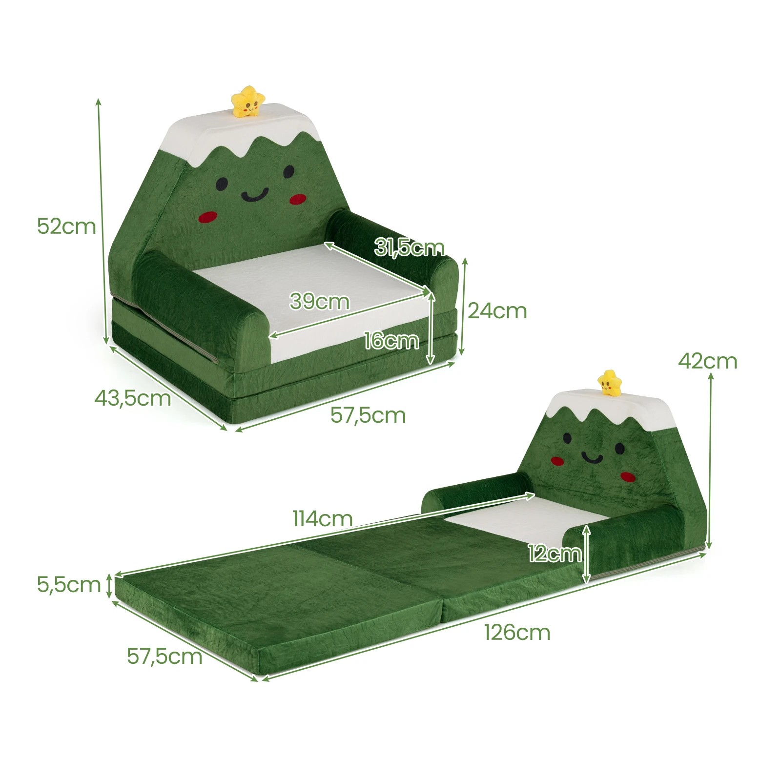 5 Costway Kids Sofa 2-in-1 Convertible Couch to Lounger Foldable Chair Christmas Pattern - Green, 5 of 5