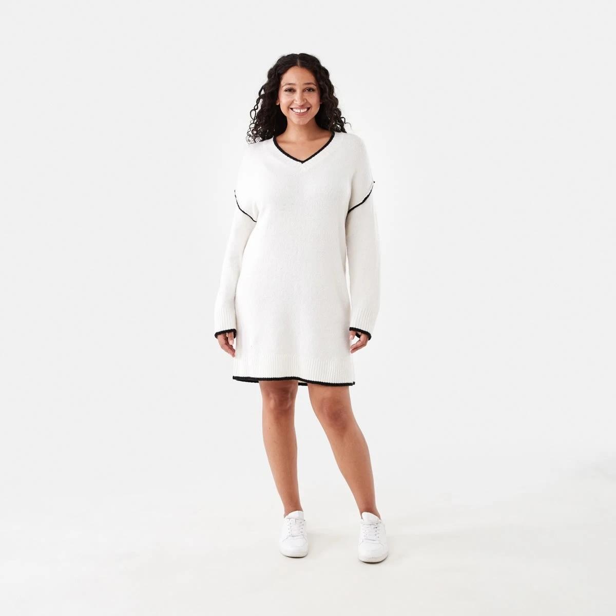 8 Long Sleeve V-Neck Sweater Mini Dress Ecru, 8 of 8