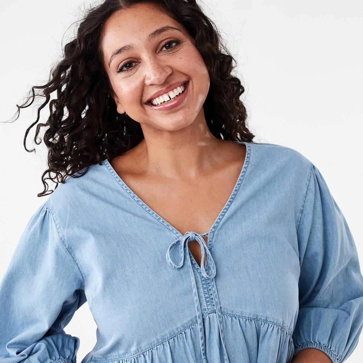 4 3/4 Balloon Sleeves Tie Front Mini Dress Light Wash, 4 of 7