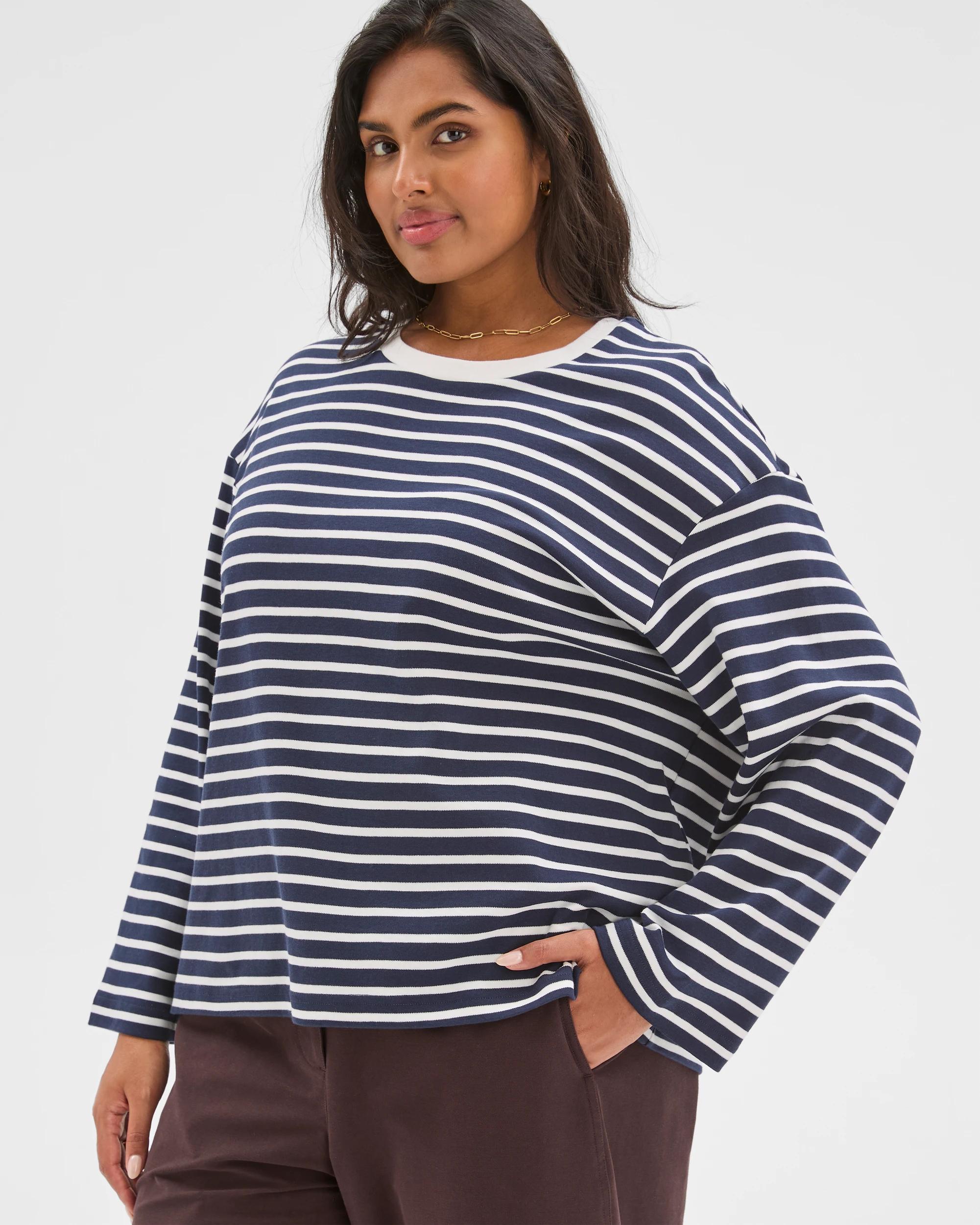 4 Target Curve Plus Size Australian Cotton Long Sleeve Stripe Top NAVY + WHITE, 4 of 7