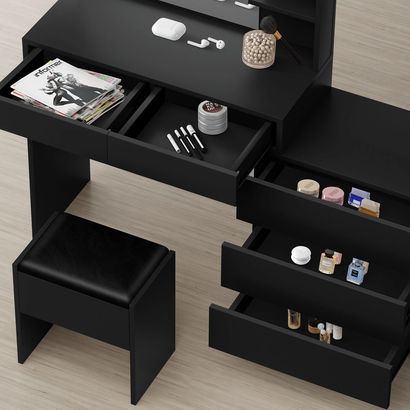 2 Alfordson Dressing Table Stool Set Makeup Mirror Desk Storage Drawers - Black, 2 of 10