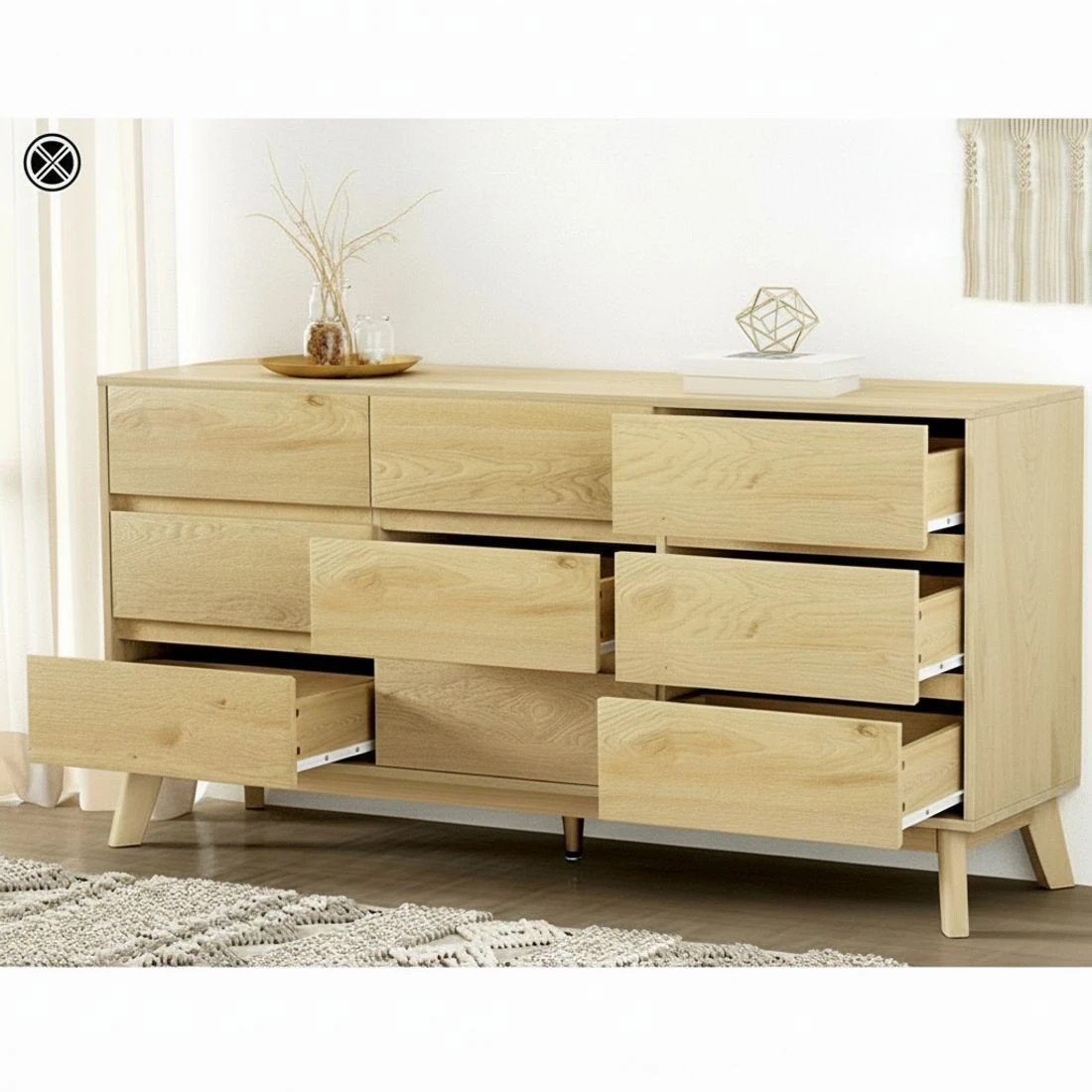 6 Artiss 9 Drawer Tallboy Chest Pine Cabinet Metal Runners Spacious Storage Organizer Bedroom Anti Tip Safety - Natural, 6 of 8