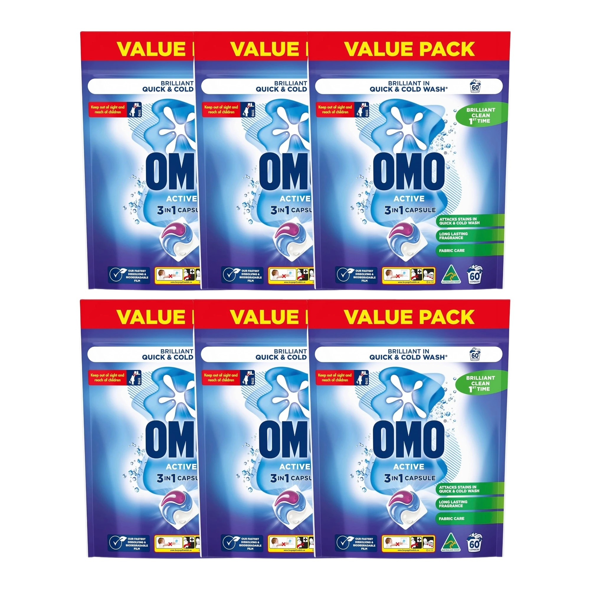 1 Omo 3 in 1 Active Laundry Capsules 60 Pack x6, 1 of 5