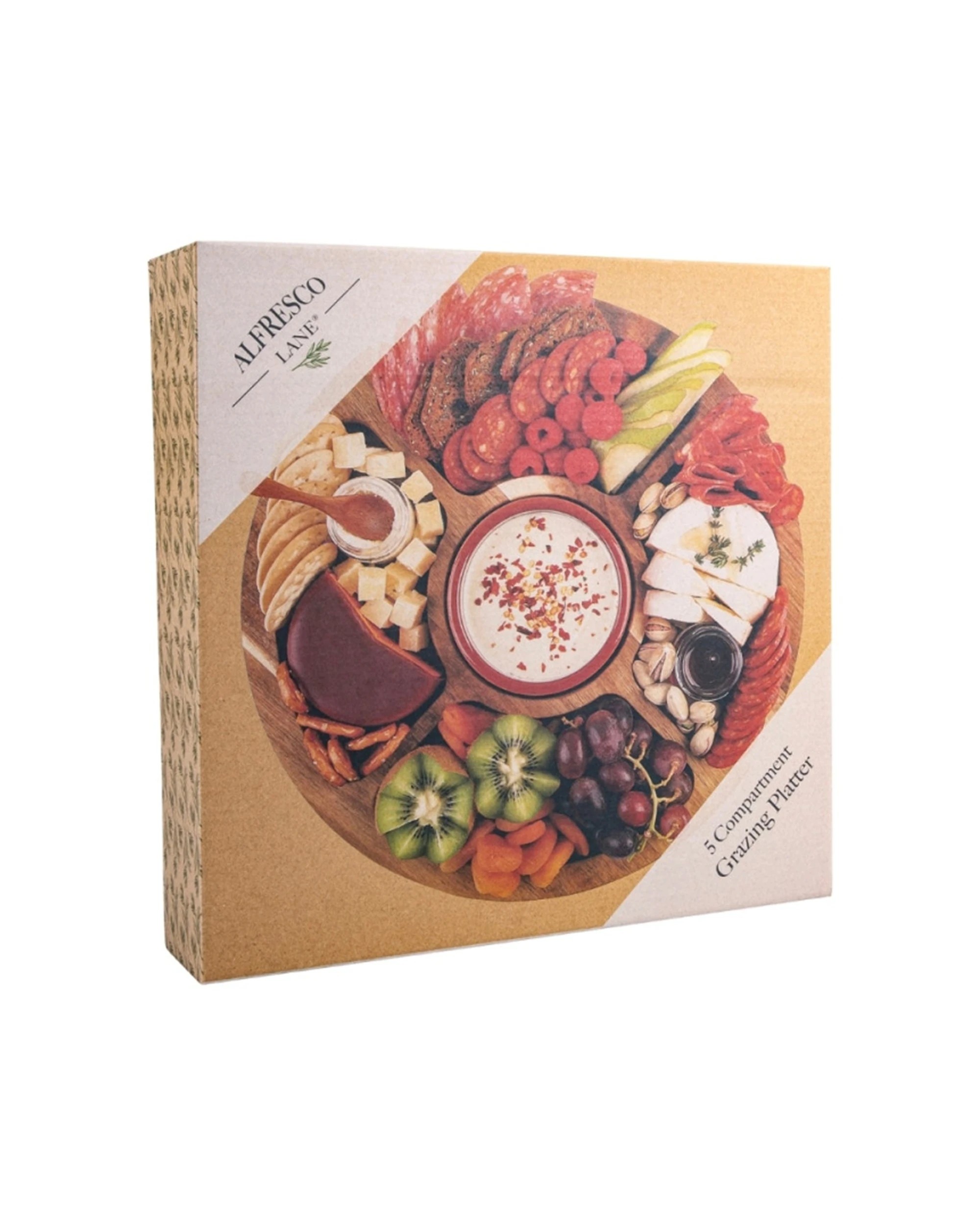 7 Alfresco Lane Acacia Wood 5 Compartment Round Grazing Platter - Natural, 7 of 7