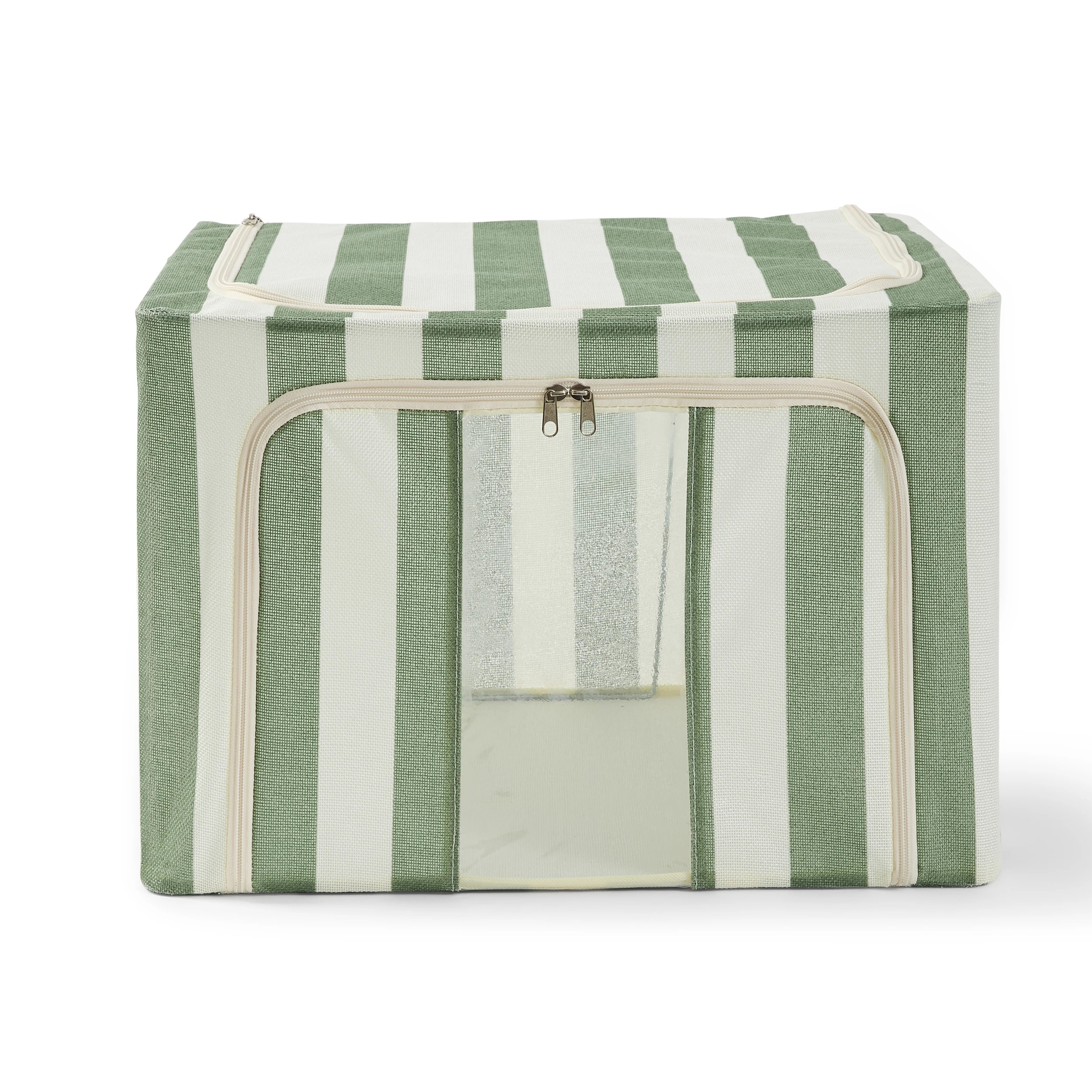 6 Linen Look Collapsible Box with Window - Large, Green Stripe, 6 of 9