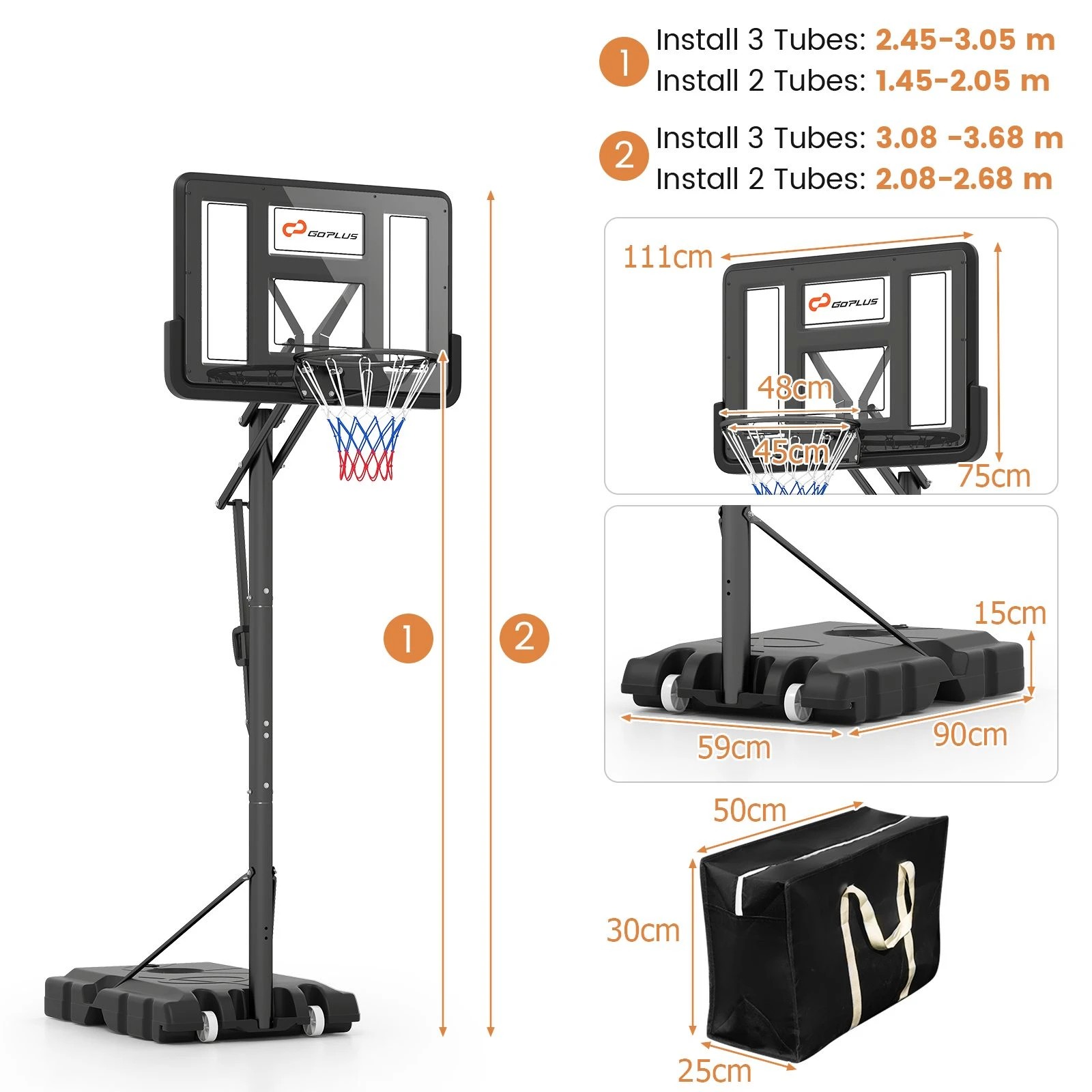 2 Costway 3.05m Portable Basketball Hoop Adjustable Basketball Goal System w/Wheels - Black, 2 of 4