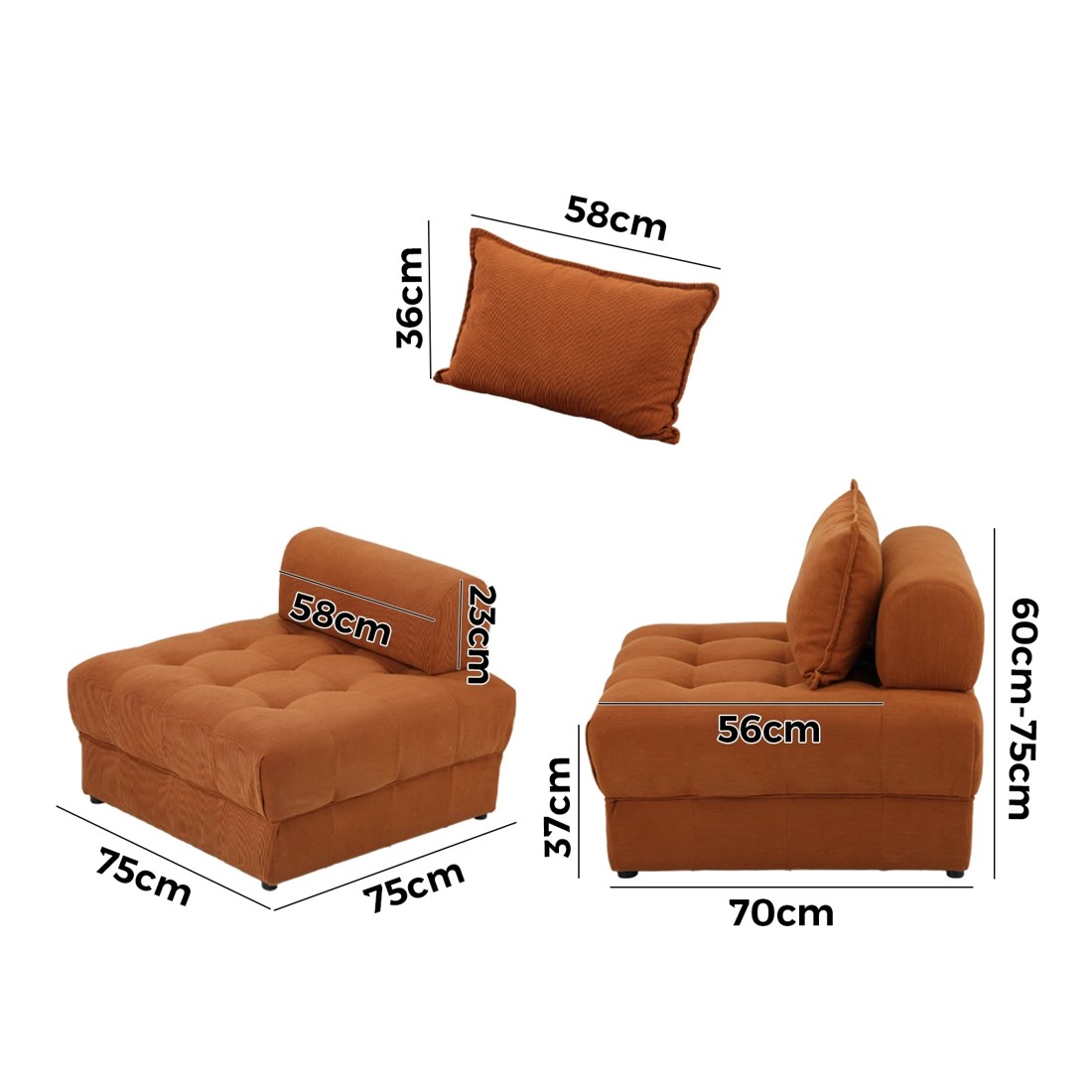 9 Oikiture 1 Seater Velvet Modular Sofa Lounge Chair Armless Tofu Back
 - Brown, 9 of 10