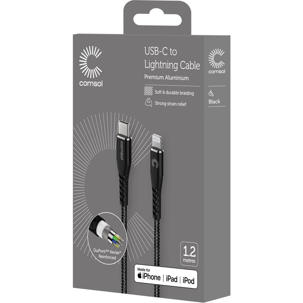 3 Comsol Kevlar USB-C to Lightning MFi Cable 1.2m Black, 3 of 3