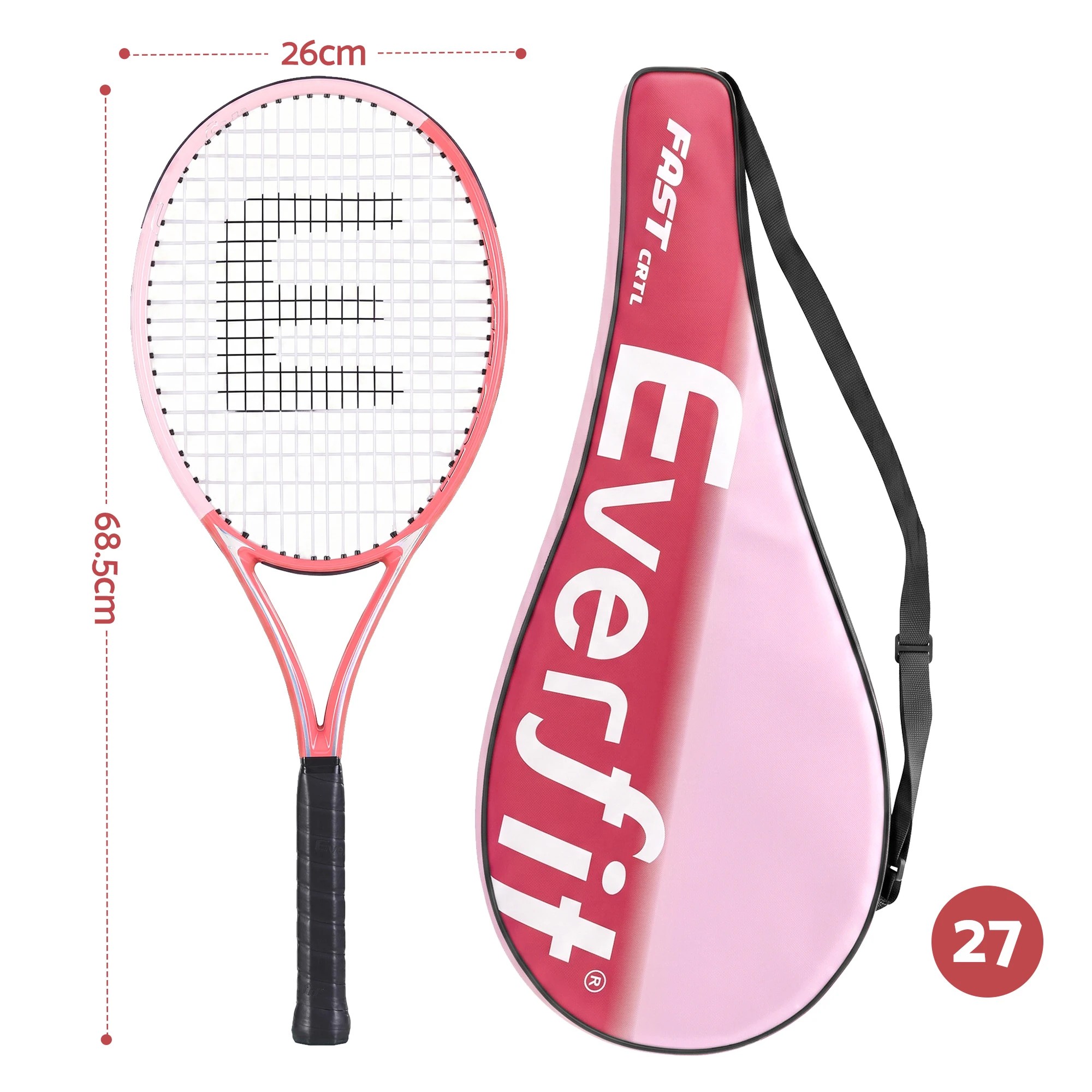 2 Everfit 27 Inch Tennis Racket Lightweight Adult Racquet with Larger Head and Cushioned Grip for Beginners - Pink, 2 of 9