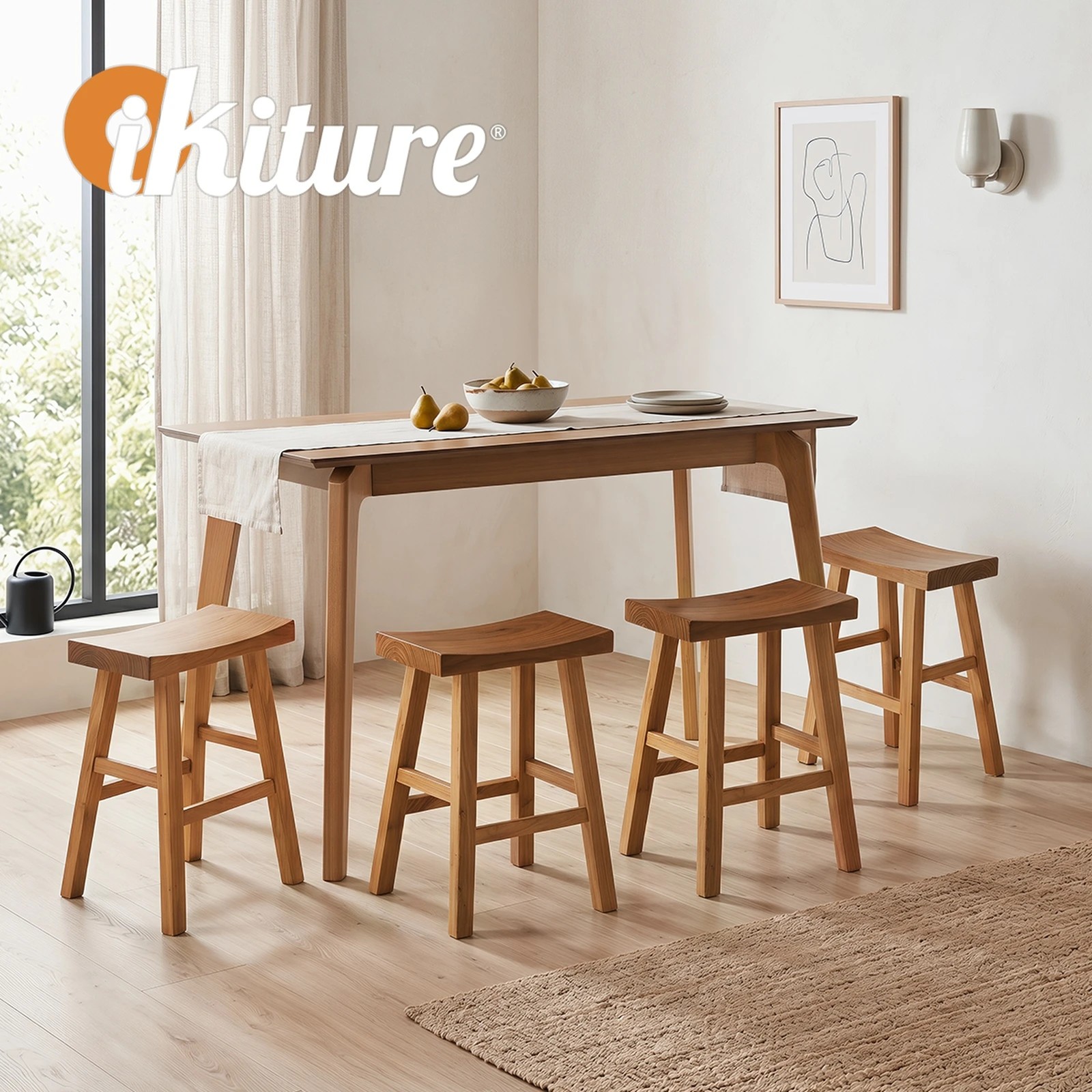 7 Oikiture Wooden Stool Elm Wood Kitchen Dining Stool Café Seat Timber - Natural, 7 of 9