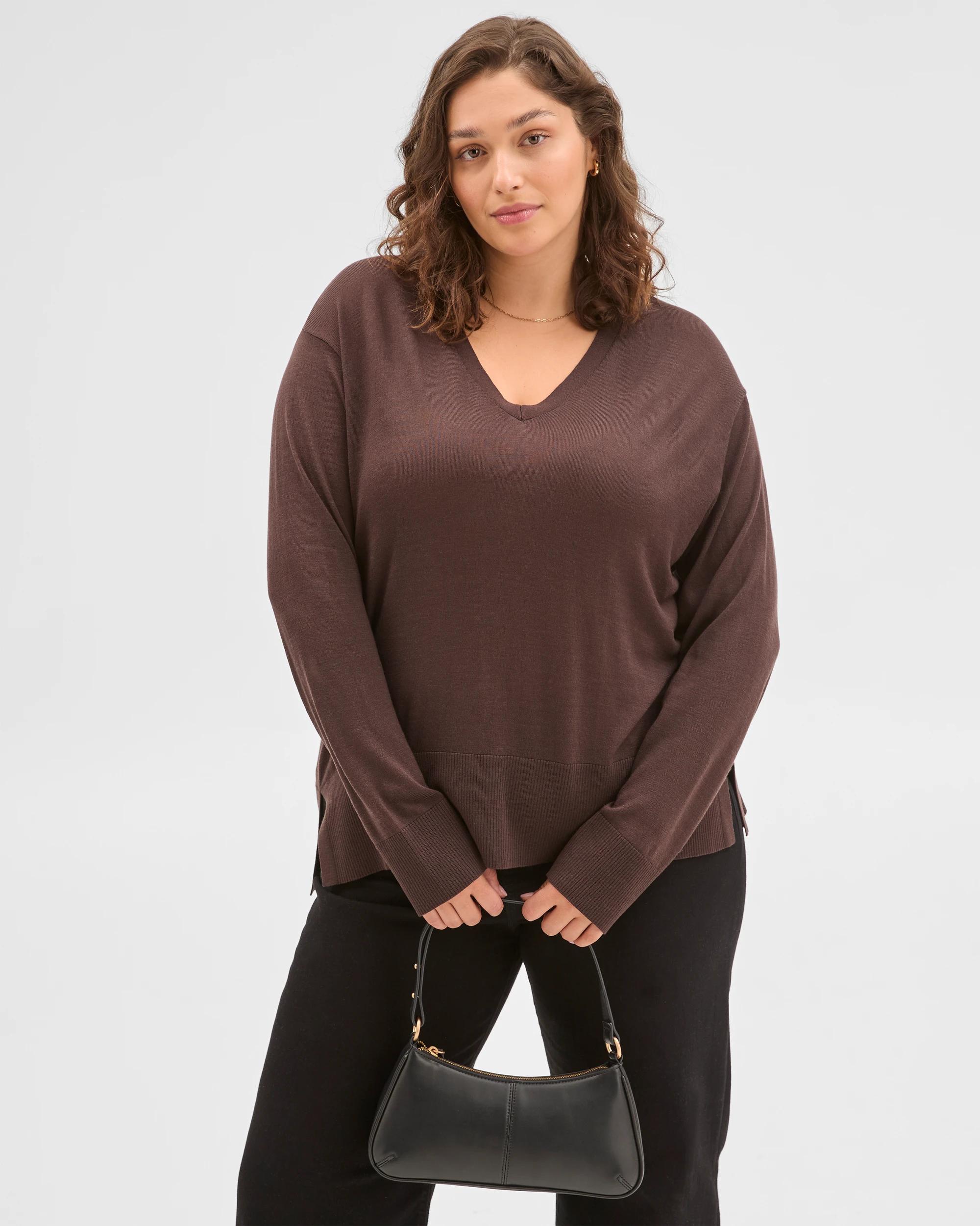 2 Target Curve Plus Size Australian Merino Wool Blend Long Sleeve V-Neck Top BLACK COFFEE, 2 of 6