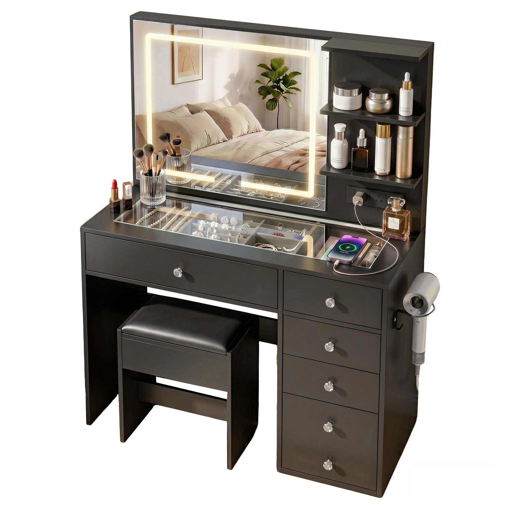 1 Artiss Dressing Table LED Vanity Desk Set Stool Charging Station Mirror - Black, 1 of 9