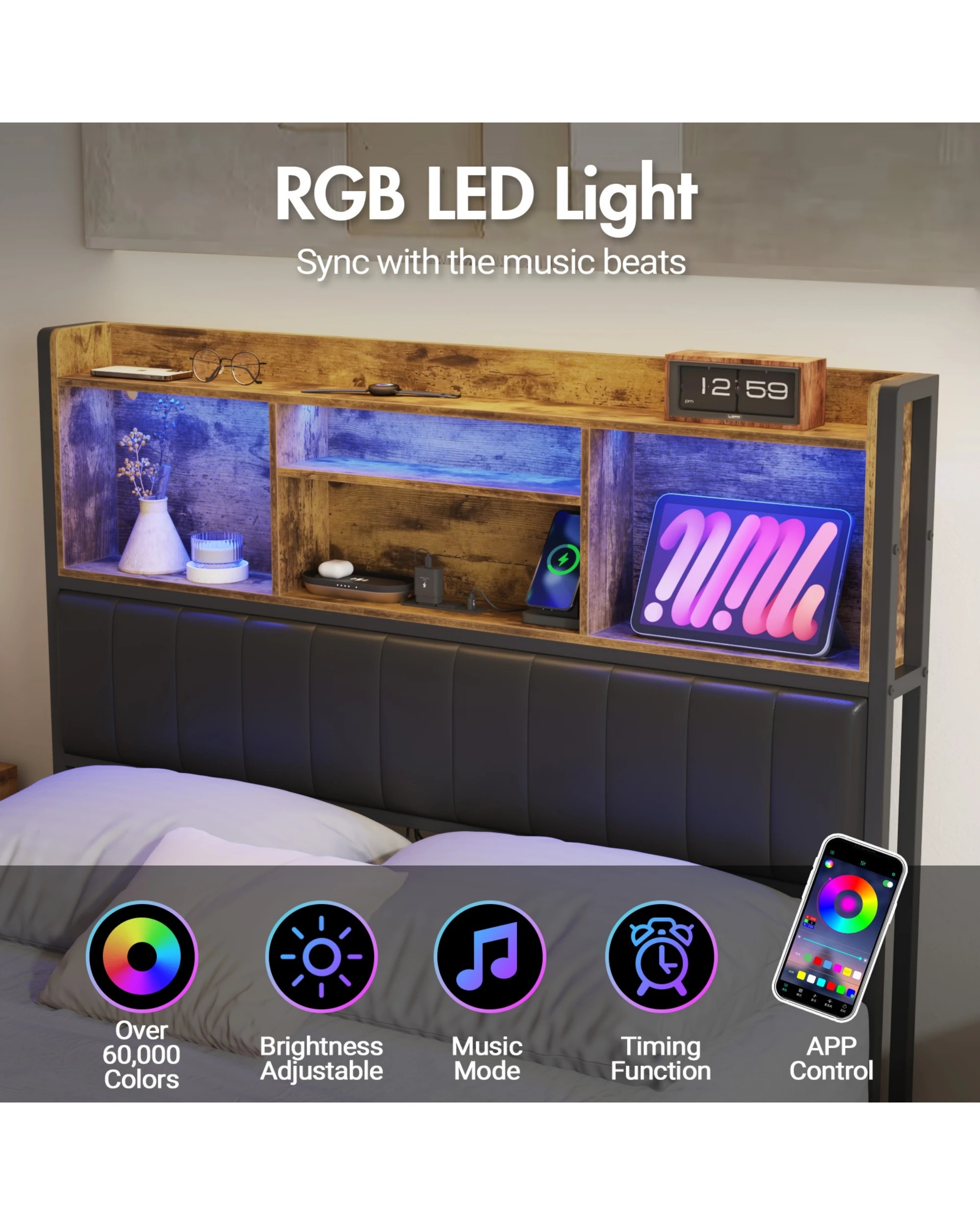 5 Advwin Queen Bed Frame With Charging Station & Led Storage Bookcase, 5 of 6