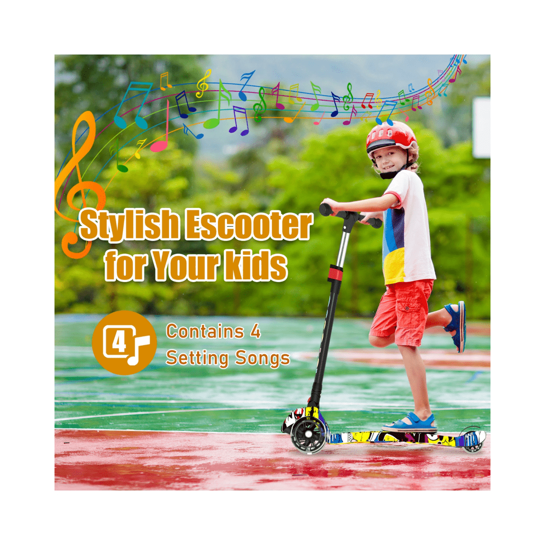 8 Advwin Foldable Kids Scooter w/ Music Light Up 3 Wheels Graffiti, 8 of 10