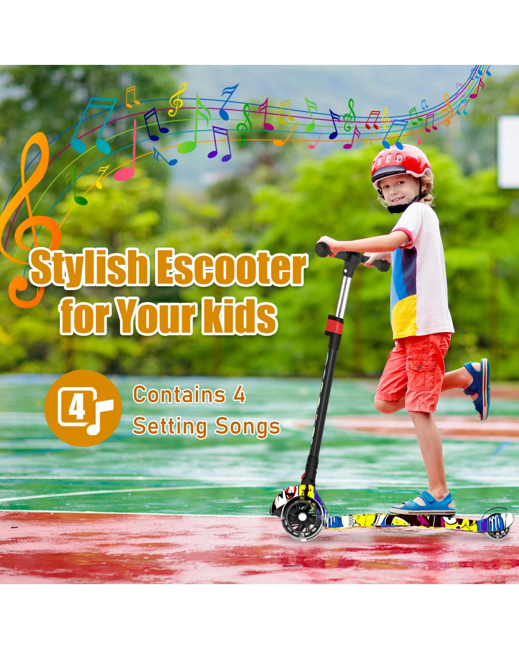 8 Advwin Foldable Kids Scooter w/ Music Light Up 3 Wheels Graffiti, 8 of 10