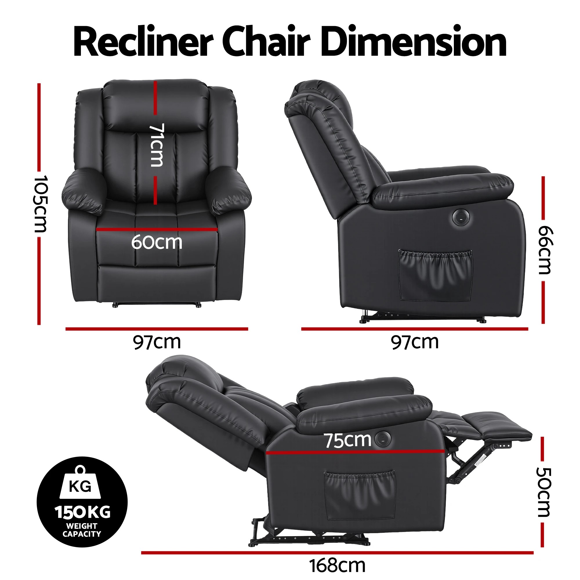 2 Artiss Manual Massage Recliner Chair for Living Room Leather Sofa Lounge - Black, 2 of 3