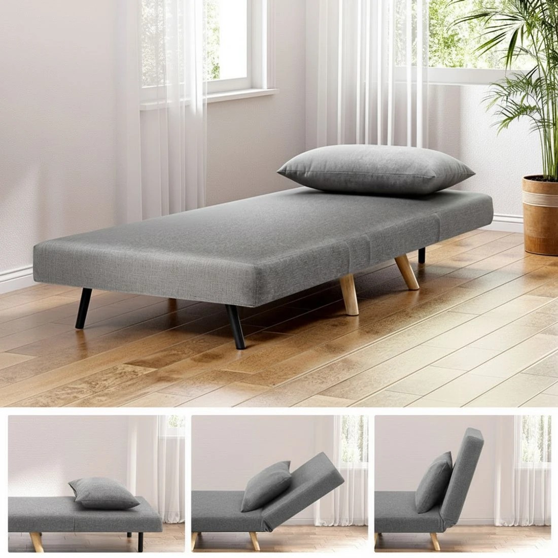 3 Artiss Sofa Bed Convertible Couch Recliner Lounge Chair Linen - Grey, 3 of 6